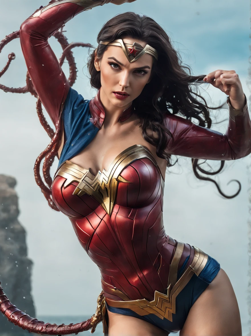 sexy legs wonder woman in high-cut bikini oiled, attacked by tentacles