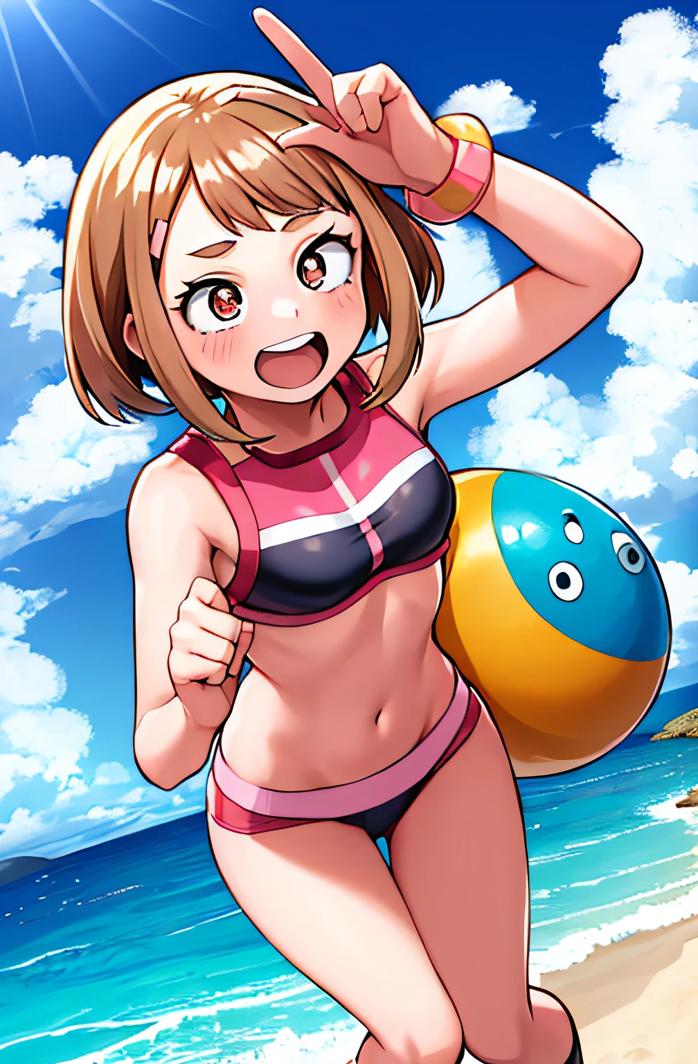 horikoshi kouhei, 1girl, Ochako Uraraka, biquini fofo, pulando na praia, boku no hero academia, highres, olhando para longe, foco feminino, boca aberta, suor, regata,