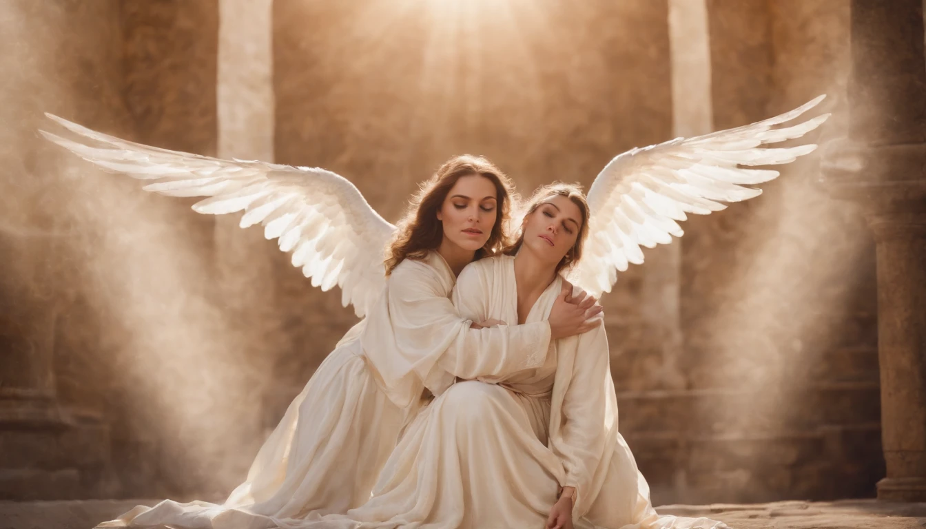Take a photo of a worship time where other angels pay reverence to Archangel Michael for his courage and loyalty. Angels should be kneeling with expressions of respect and admiration on their faces.