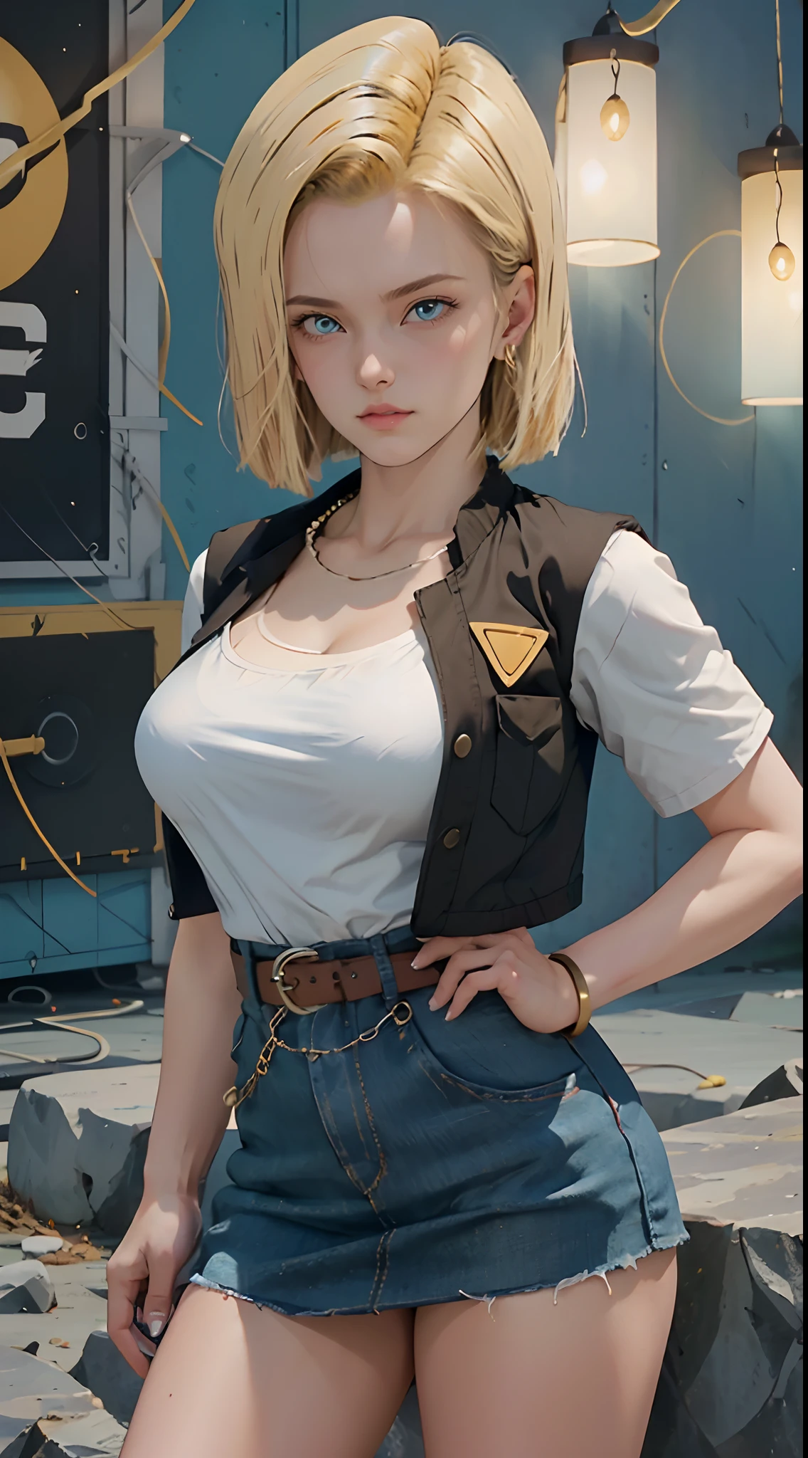 Hyper detailed image, UHD, 16k, professional photo, (Realistic photo of Android-18 from Dragon Ball Z) girl Goddess of beauty, very straight short blonde hair, serious face expression, ((she wears a blue denim jacket and a cropped white shirt, short white underground showing flesh of the breast)), erotic, open denim jacket showing her impressive, beautiful and perfect big breasts, (tits, long pointed breasts sticking out of the jacket), she wears a belt and a (raised blue denim skirt showing micro panties stuck in the pussy, bubian hair showing), brown boots, perfect hands and fingers,
  android 18, sexy saiyan girl, she releases bursts of power, ki, Official Art, Android-18 Sexy female, official character art, sexy female protagonist, lean and toned body curved :8, Akiri Toriyama, Director: Akira Toriyama, Bulma from Dragon Ball, Best Anime Character Design, Akira Toriyama Style, beautiful single character, semi-nude, (great lighting)