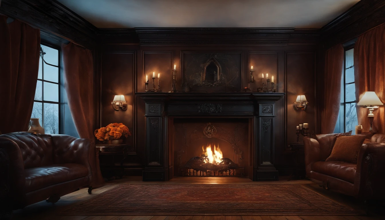 Wall Art Painting Dark Gothic Mist Vintage Style Halloween, Familiar portrait frame design of witches above a fireplace.