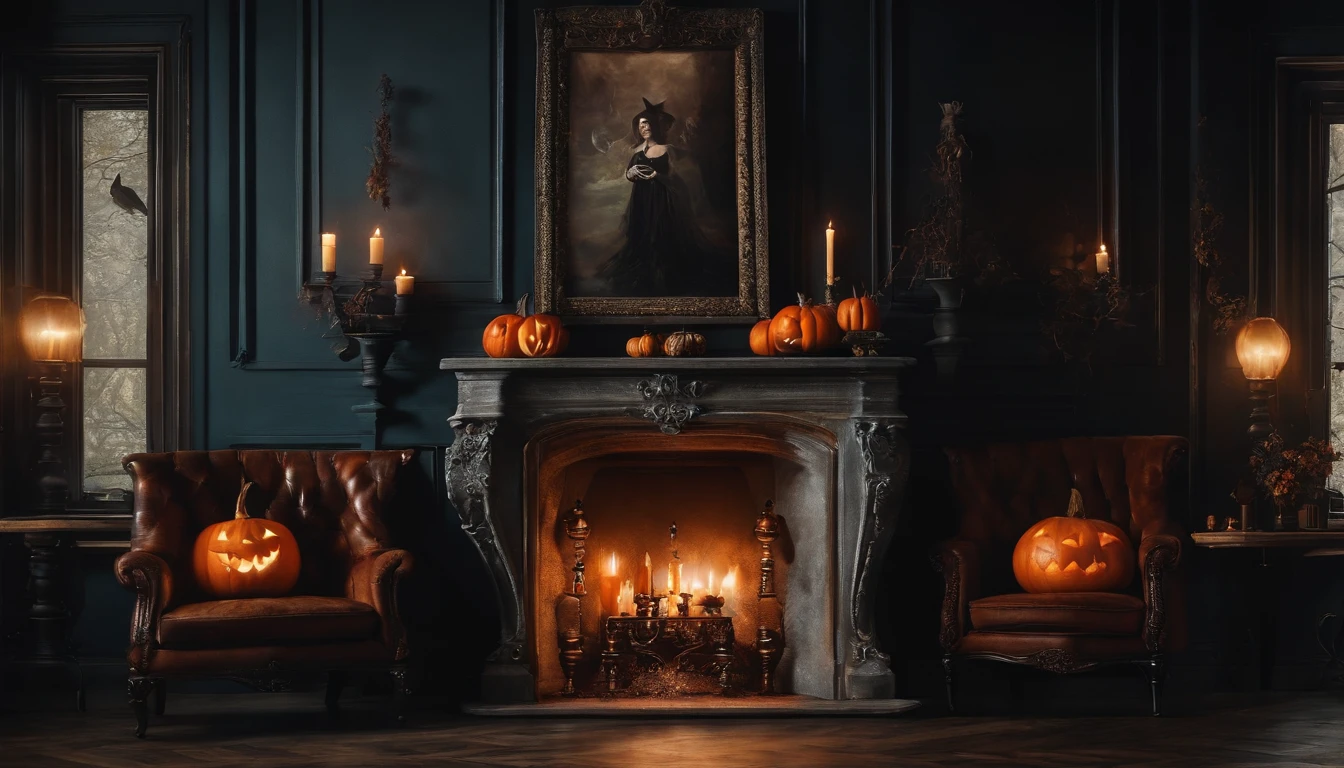 Wall Art Painting Dark Gothic Mist Vintage Style Halloween, Familiar portrait frame design of witches above a fireplace.