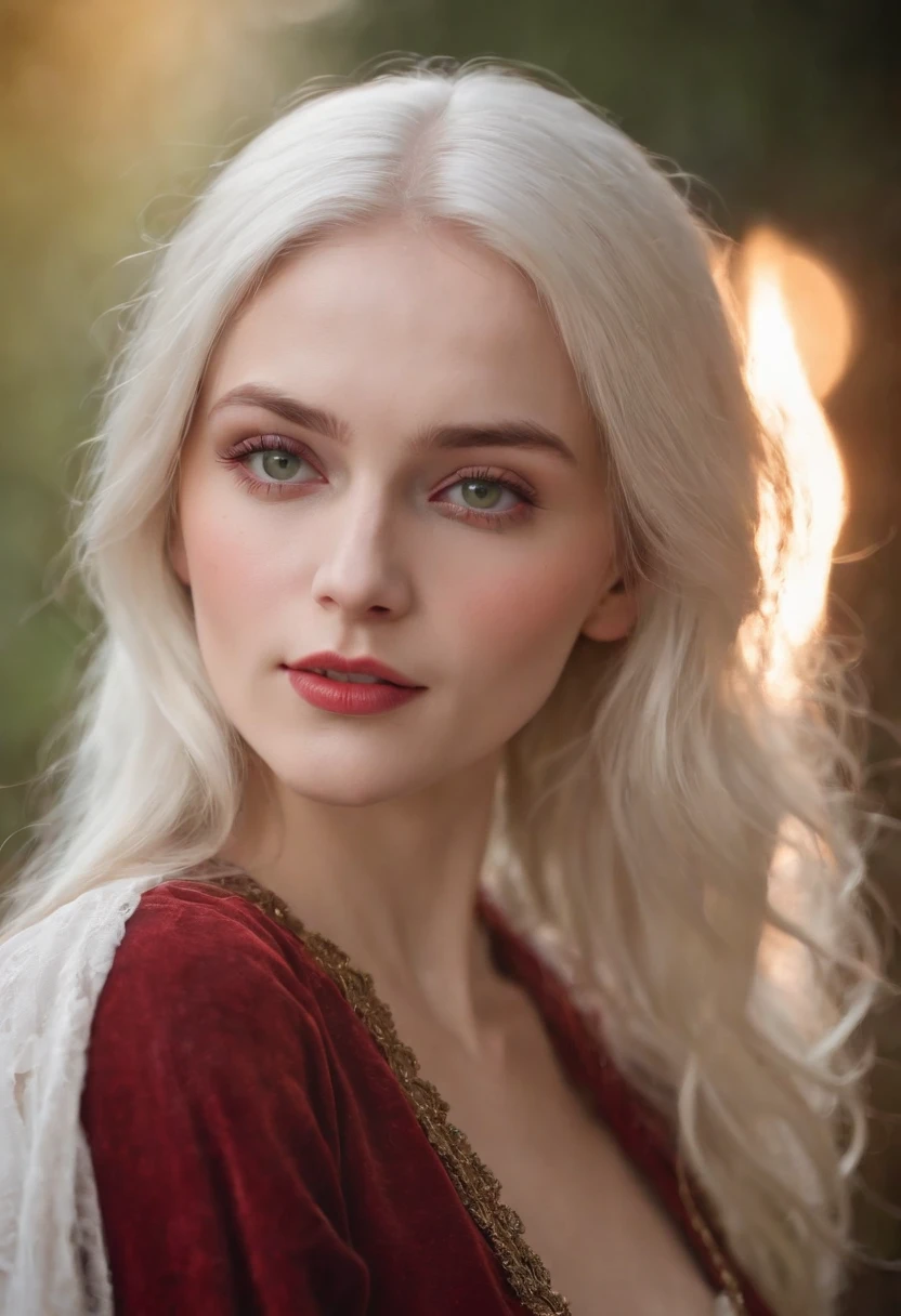 (((a deep reddish wound crosses her left cheek))) fair complexion, woman around 19 years old, natural white hair, distinctive green eyes, wearing kohl, slender and graceful, beautiful, candlelight in a medieval setting, ultra sharp focus, realistic shot, medieval female clothes, tetradic colors (scar:1.4)