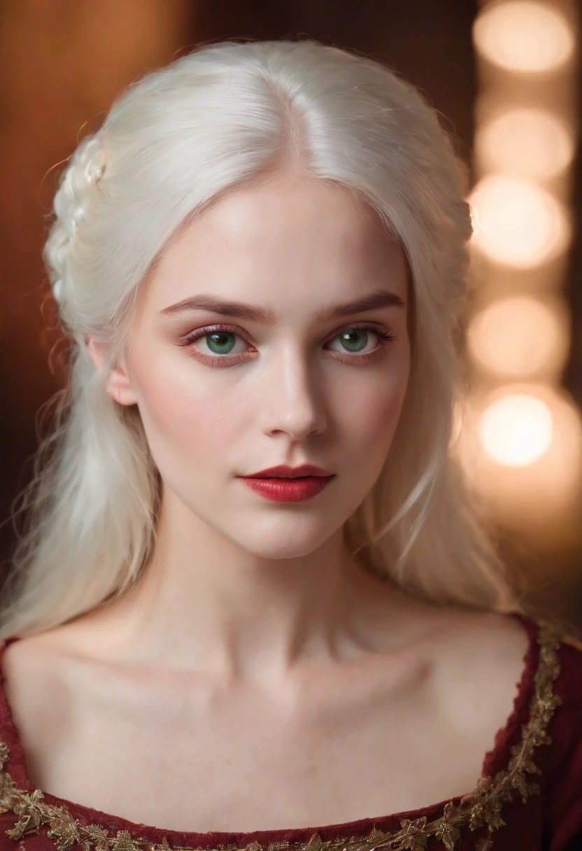 (((a deep reddish wound crosses her left cheek))) fair complexion, woman around 19 years old, natural white hair, distinctive green eyes, wearing kohl, slender and graceful, beautiful, candlelight in a medieval setting, ultra sharp focus, realistic shot, medieval female clothes, tetradic colors (scar:1.4)