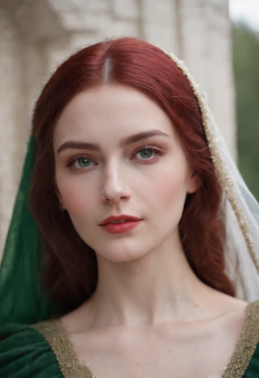 (((a deep reddish wound crosses her left cheek))) fair complexion, woman around 19 years old, natural white hair, distinctive green eyes, wearing kohl, slender and graceful, beautiful, candlelight in a medieval setting, ultra sharp focus, realistic shot, medieval female clothes, tetradic colors (scar:1.4)