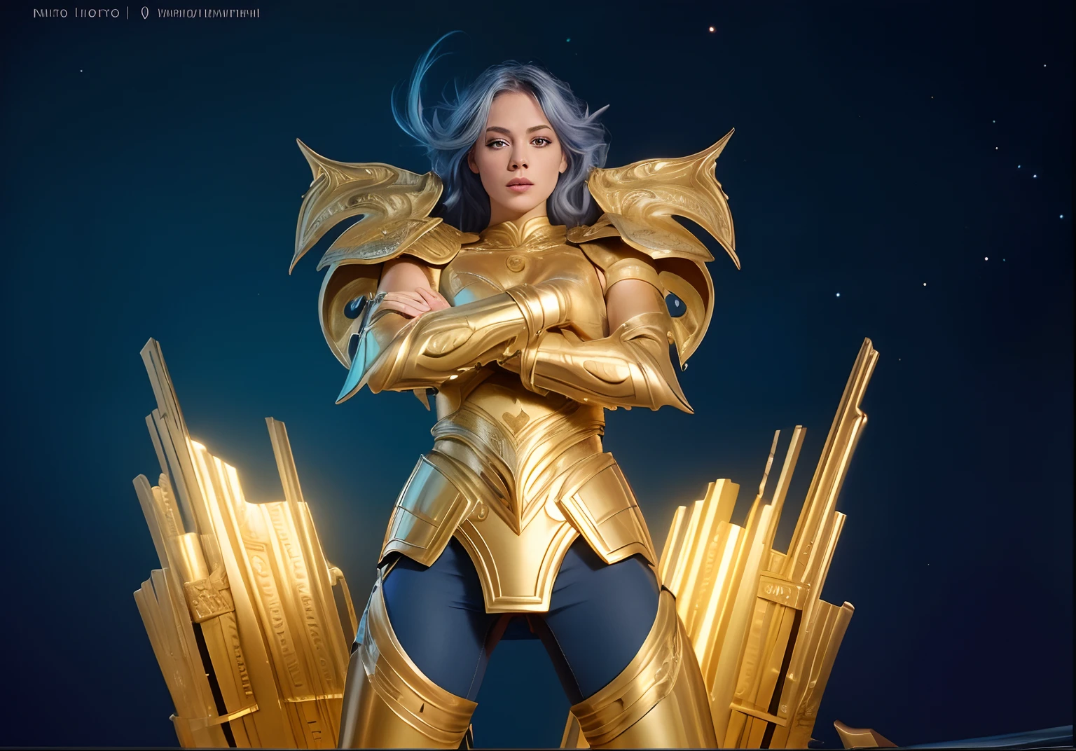 Masterpiece, a beautiful  warrior girl, (Alyssa Sutherland:1.0), high detail golden taurus full armor, filigree, small breasts, (strong muscular body), (long light blue messy hair), bands, hair blowing in the air, (big turquoise eyes), legs, purple tide pants, (fantasy greek temple ruins background), wartorn environment, magical war, HD, (skin texture:1.1), best quality, ultra high res, (photorealistic: 1.4), Raw photo, by Ellen von Unwerth, Nikon D850 Film Stock Photography, F1.6 Lens, Rich Colors, Realistic, Cinestill 800, backlight, rimlighting, studiolighting, sunlight, close-up. She is the image of power. Noble woman. Slightly low view. The armor is delicate, like her body. Long light blue hair, blowing in the wind. Massy blue hair. No helmet. Cosmic background.