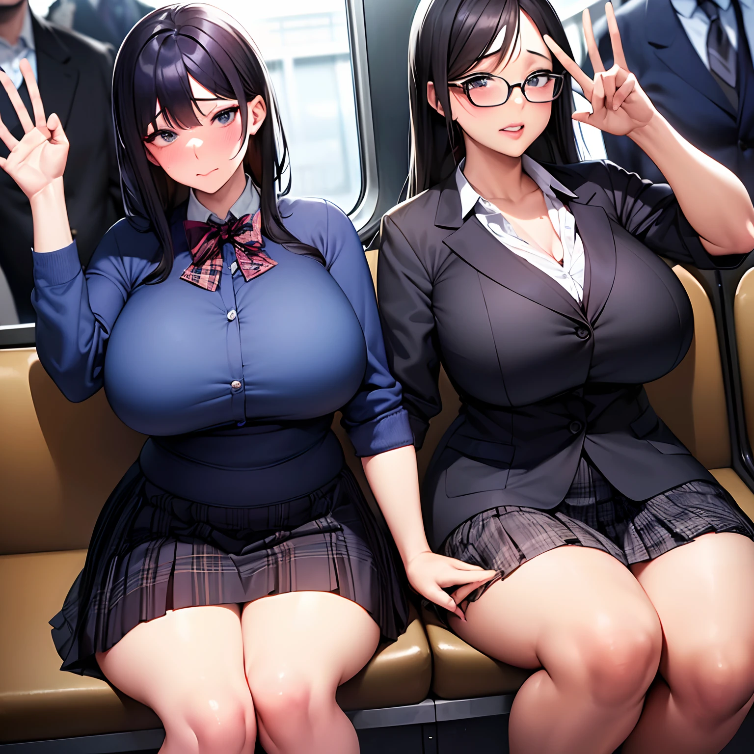 realistic anime art style,(tareme),(curvy body),black unkempt hair,bow tie,dress shirt,(navy pleated skirt),(short plaid skirt),(unpretentious mature woman sitting in crowded train station),sweaty,nipple through,mature face,(anguish and blushed:1.1),look at viewer,peace sign,full body shot,