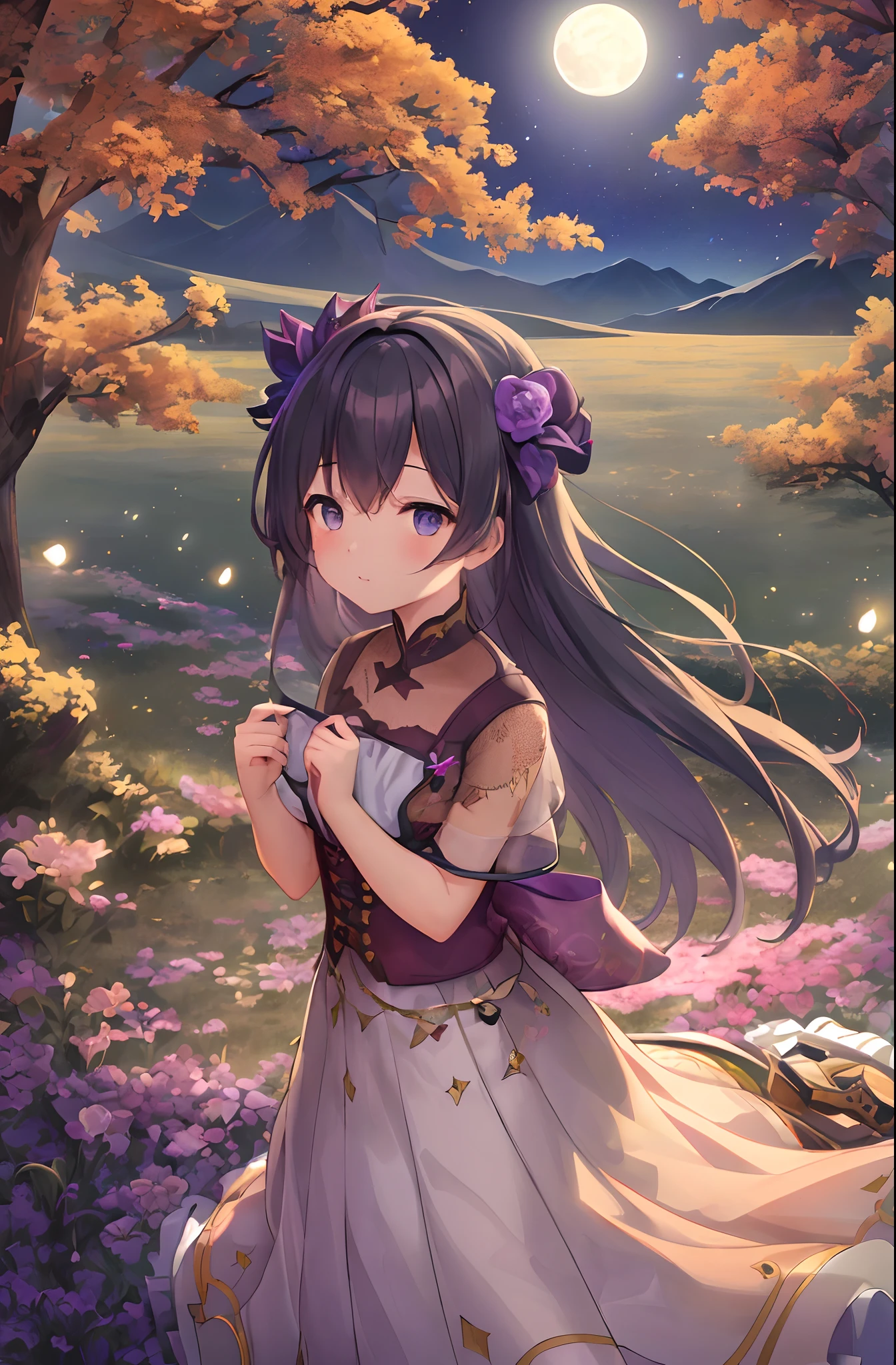 A wide landscape photo, (viewed from below, the sky is above, and the open field is below), a girl standing on a flower field looking up, (full moon: 1.2), (meteor: 0.9), (nebula: 1.3), distant mountains , Trees BREAK Crafting Art, (Warm Light: 1.2), (Firefly: 1.2), Lights, Lots of Purple and Orange, Intricate Details, Volumetric Lighting BREAK (Masterpiece: 1.2), (Best Quality), 4k, Ultra Detailed, (Grandma, read me a story。Full moon and many stars