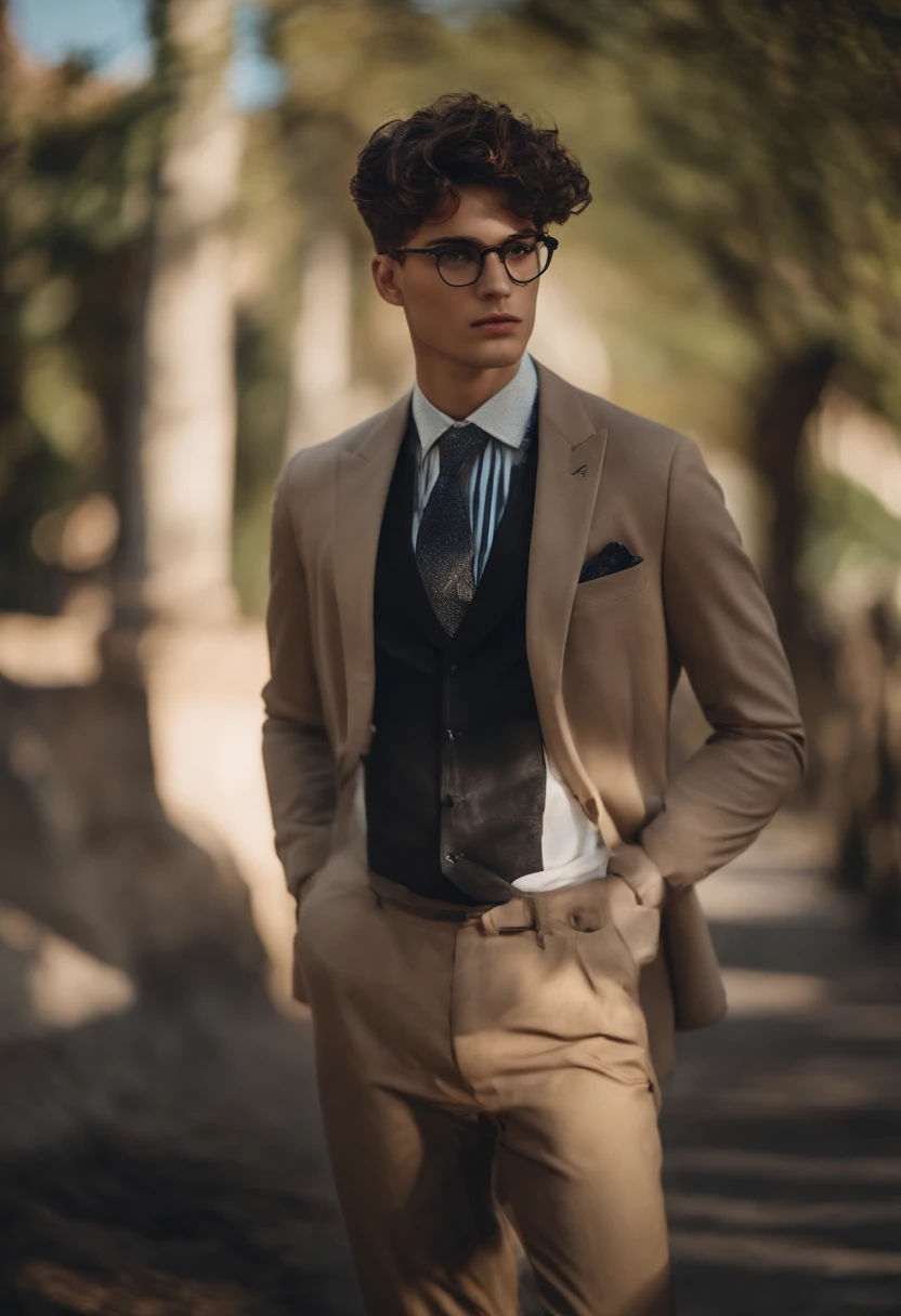 ung man, fantasia, mago , parte superior, rosto, not confident, roupas claras with glasses