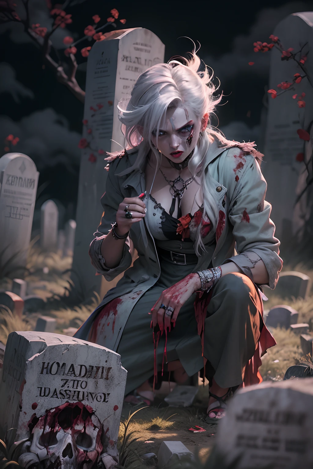 GOKU ZUMBI HOMEN  zumbi,Estilo Pin-Up,olhos horrivelmente belos,blood-red lips,feridas sangrentas,carne podre,Pose ASSUSTADORA,roupas rasgadas e sujas,Hauntingly pale skin,atmosfera assustadora,Dark and misty cemetery,luar projetando sombras misteriosas,Decomposing Tombstones,Sense of danger,horror movie vibes,Horror de pesadelo,gothic art style,cores ousadas e vibrantes,film noir lighting,assustador e sedutor,exquisite attention to detail,Unique and captivating subject.