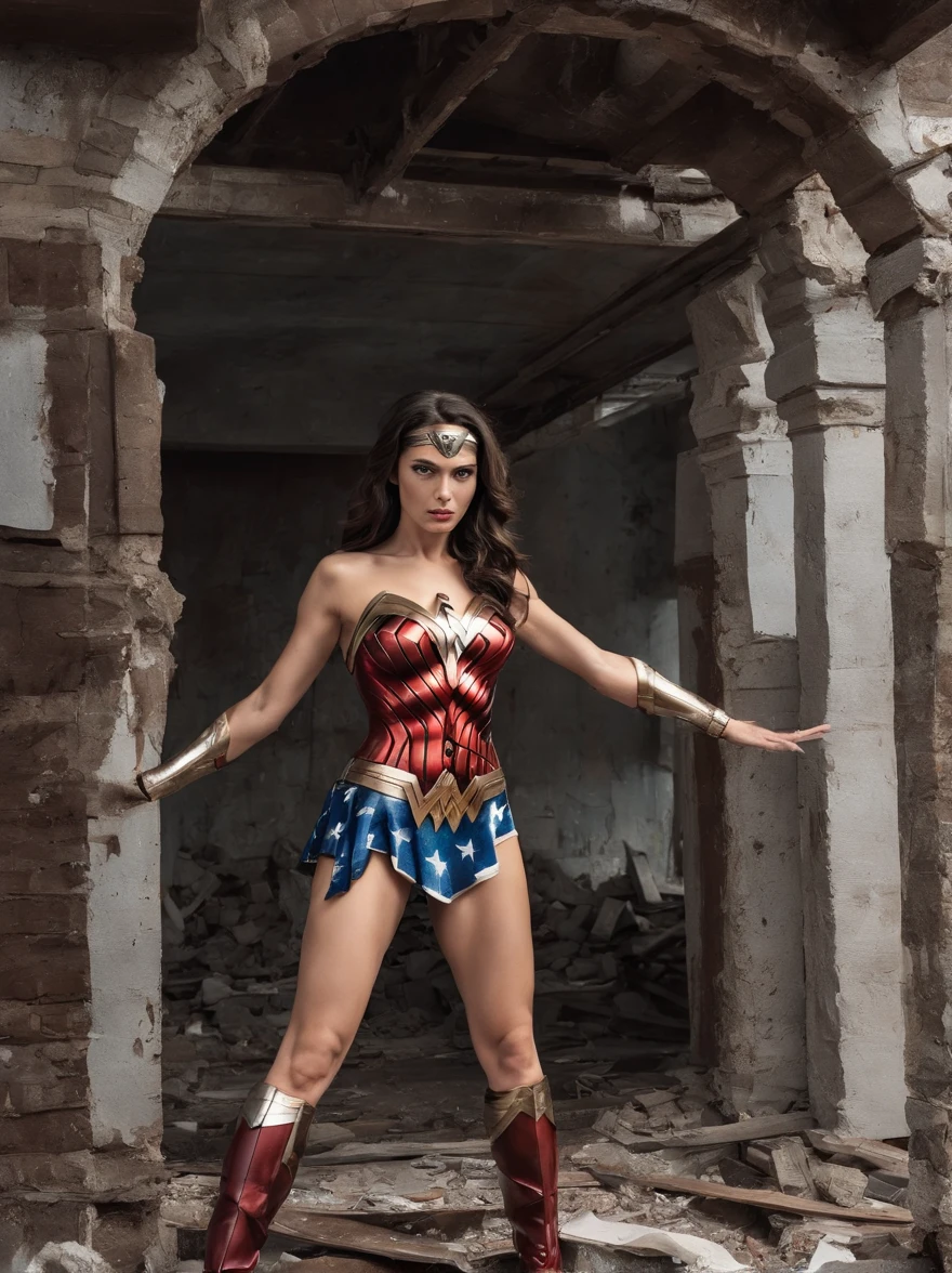 sexy legs wonder woman in ultra high-cut bikini, red patent thigh high boots, oiled, with tentacles coiling around her, swimwear editorial photographed in collapsed building ruins with wide angle fish eye lens
