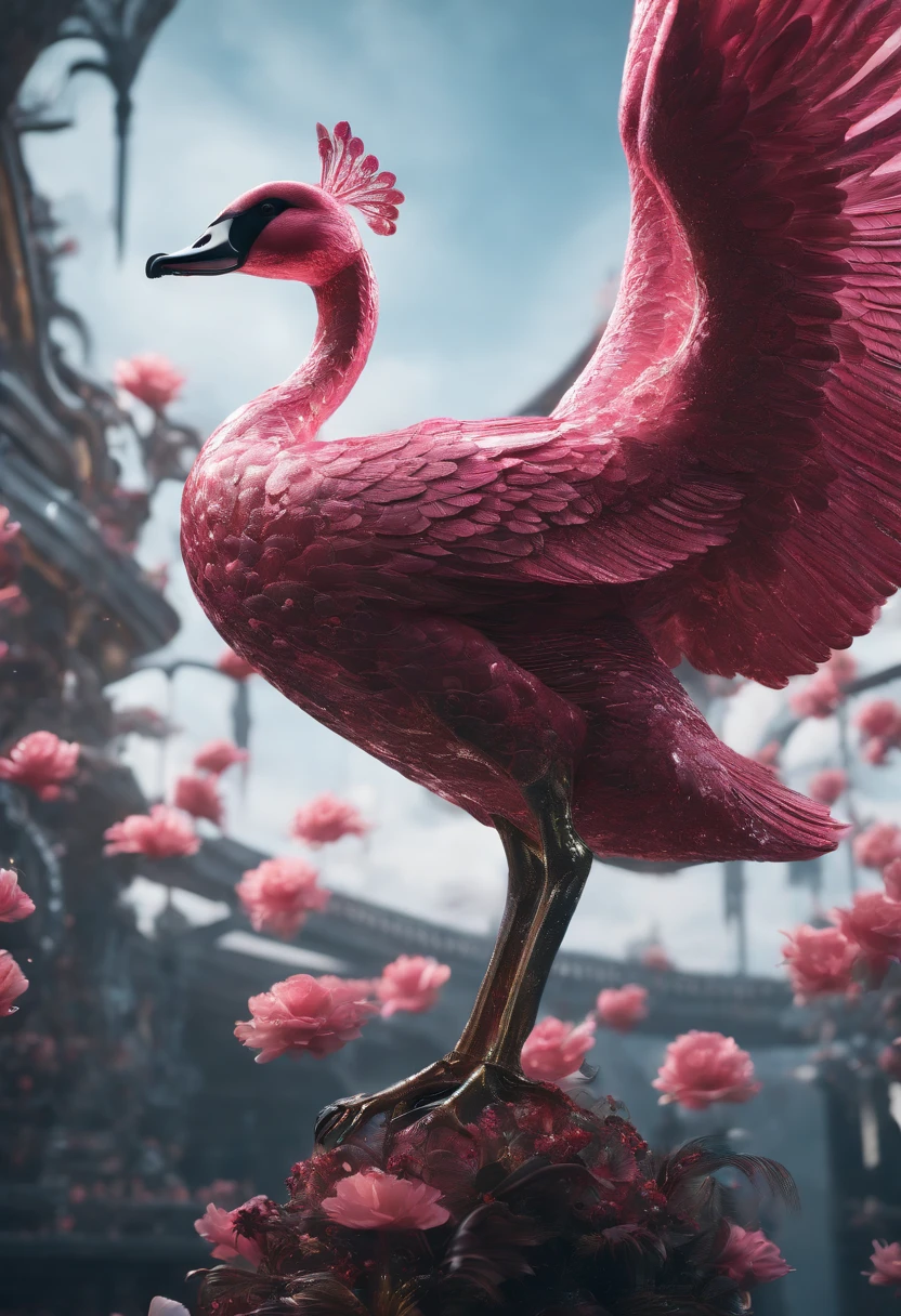 Mechanical of pink swan bird with metal feathers, mechanical of swan wings, acrylic bubbles and flowers atmosphere, ferrofluids, water distortions. looking up, highly detailed object, intricate abstract. intricate artwork detailed. beeple. blend of organic and mechanical elements, futuristic, cybernetic, detailed, intricate, dark theme, (in awe:1.2), confident, (surprised:0.7), rich color, realistic rendring object, unreal engine 5, full shot, dynamic poses, centered object