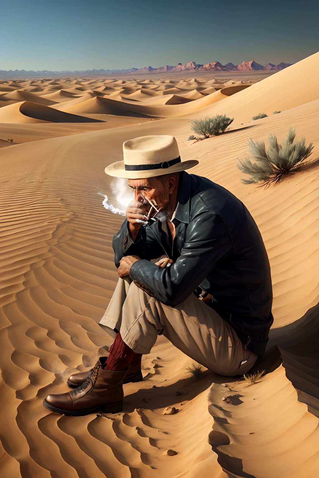 Lonely man smoking in the desert