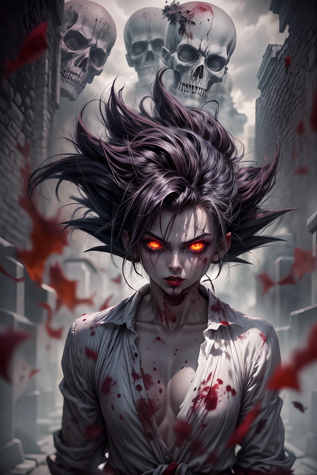 GOKU ZUMBI HOMEN  zumbi,estilo pin-up,olhos horrivelmente belos,blood-red lips,feridas sangrentas,carne podre,pose assustadora,roupas rasgadas e sujas,Hauntingly pale skin,atmosfera assustadora,Dark and misty cemetery,luar projetando sombras misteriosas,Decomposing Tombstones,Sense of danger,horror movie vibes,horror de pesadelo,gothic art style,Cores ousadas e vibrantes,film noir lighting,assustador e sedutor,exquisite attention to detail,Unique and captivating subject.