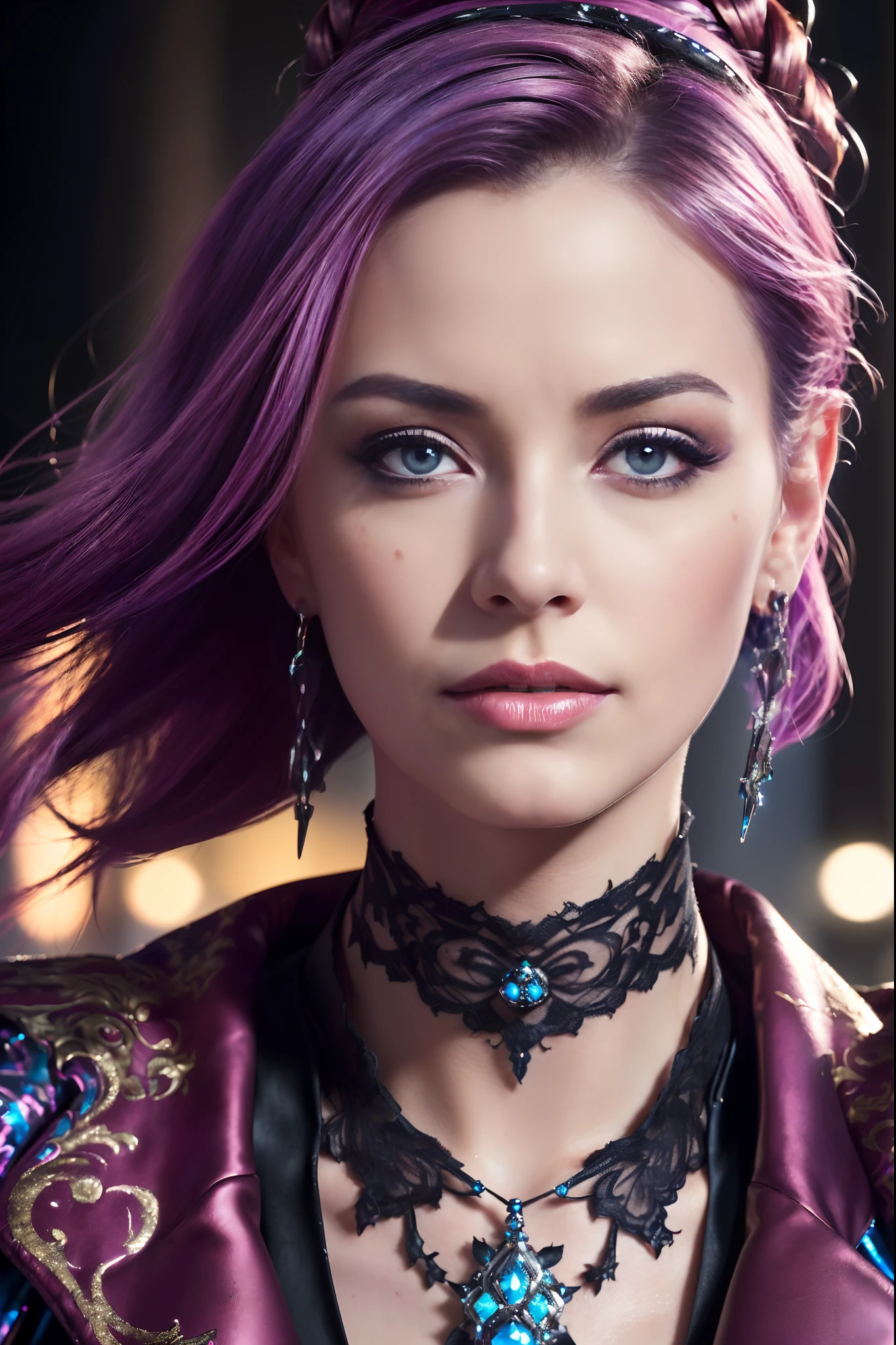 Masterpiece, Jinx from Arkane, (UHD, 8K wallpaper, High resolution), Cinematic lighting, award-winning, extremely detailed skin, extra detailed face, high detail eyes, photo-realistic, Zeiss 85 mm F/1.4, by Ellen von Unwerth