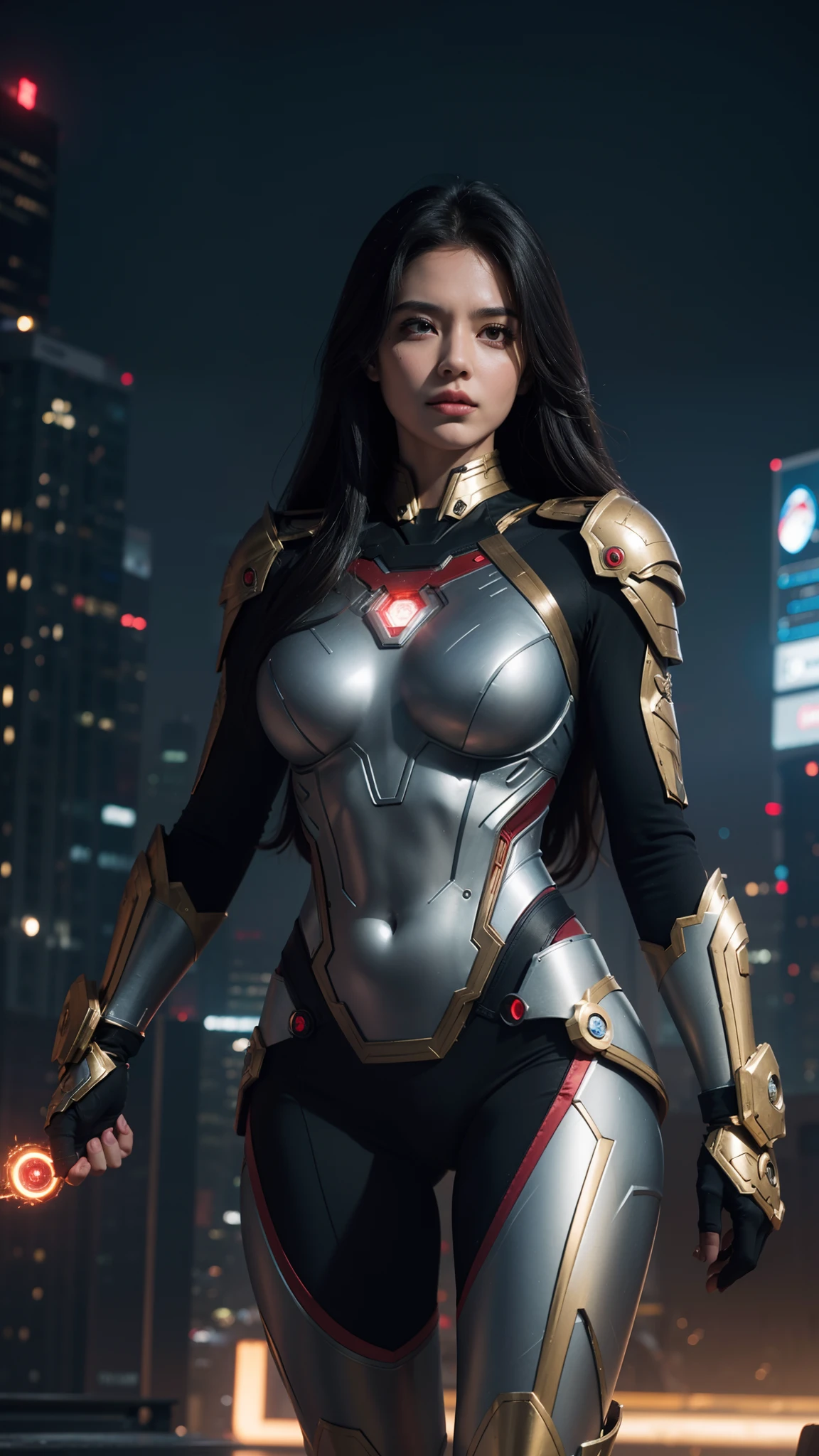 In the photo, Ironwoman stands confidently, radiating strength and determination. Her metallic suit gleams with a polished sheen, showcasing its advanced technology. The suit's vibrant red and gold colors accentuate her powerful presence.
Her stance exudes confidence, with her legs shoulder-width apart, firmly planted on the ground, emphasizing her unwavering stability. The intricate design of her suit showcases intricate details, such as sleek lines and contoured armor plates that provide both protection and flexibility.
Ironwoman's helmet, equipped with a transparent faceplate, reveals her focused expression. The faceplate displays a heads-up display, projecting vital information and data to assist her in analyzing her surroundings.
Her right arm is extended forward, palm open, ready to unleash a formidable energy blast. The glowing repulsor in her hand hums with power, emitting a vibrant arc of energy that crackles with electricity. The intricate details of the repulsor highlight the advanced technology and precision engineering behind it.
On her left arm, she wears a gauntlet adorned with various gadgets and tools, showcasing her resourcefulness and preparedness for any situation. The gauntlet's intricate mechanisms and buttons hint at its multifunctional capabilities.
Ironwoman's confident posture is complemented by her confident gaze, as her eyes, visible through the faceplate, reveal determination and focus. Her gaze reflects a combination of intelligence, strength, and unwavering resolve.
The background behind Ironwoman depicts a futuristic cityscape, with towering skyscrapers and advanced technology seamlessly integrated into the urban landscape. The city's lights illuminate the night sky, casting a soft glow on Ironwoman's surroundings.
Overall, the photo captures Ironwoman in a powerful and confident stance, showcasing her advanced suit, determination, and unwavering resolve to protect and serve.