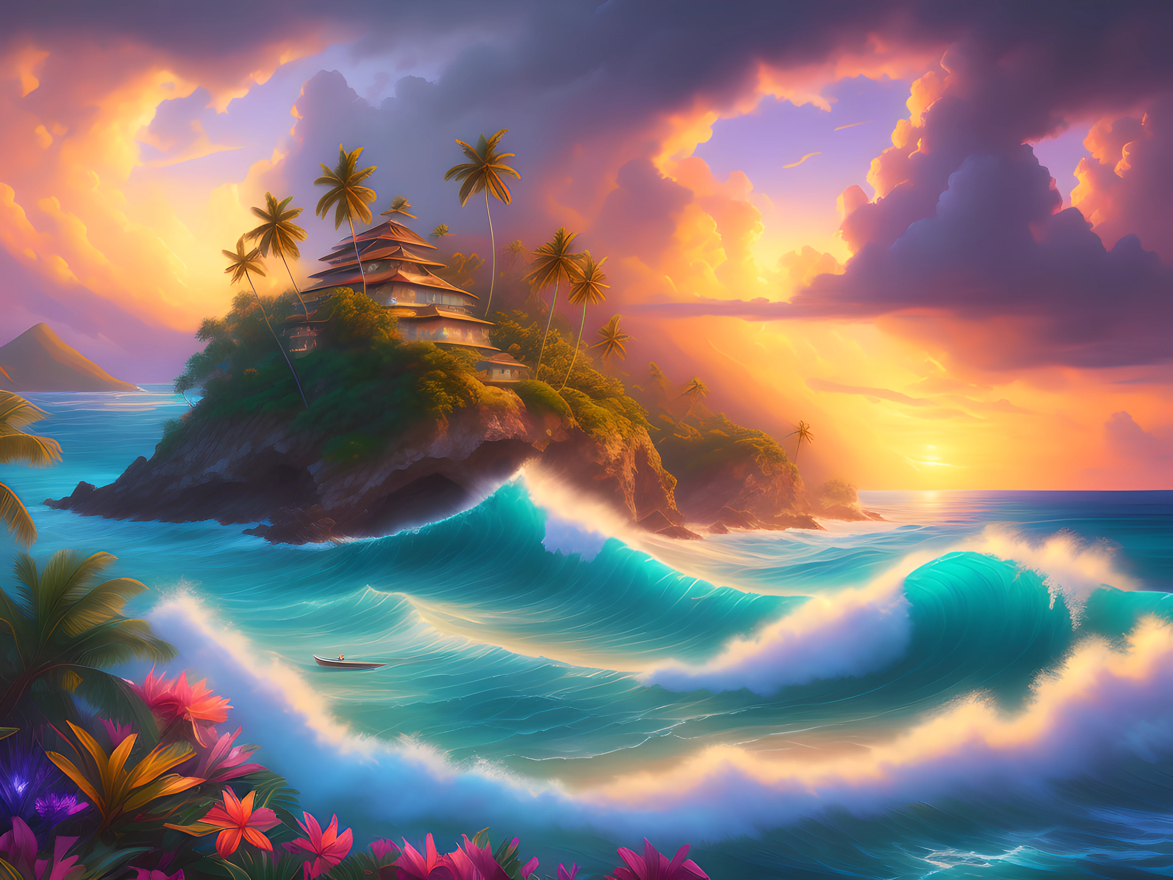 (8k masterpiece, RAW painting:1.2), a tropical island at sunset, architecturally beautiful modern villas perched on the steep cliff face, tall palm trees line the coast along the golden sandy beach, huge tsunami barrel wave rolls into the cove, colourful flowers line the clifftops, (dramatic colourful sky), purple_yellow_ storm_clouds, lightning, digital painting, gorgeous digital painting, beautiful art uhd 4 k, stunning digital painting, tropical atmosphere, 4k highly detailed digital art, dreamlike digital painting, beautiful oil matte painting, rhads and thomas kinkade, dream scenery art, highly detailed digital painting, fantasy sea landscape, very beautiful digital art