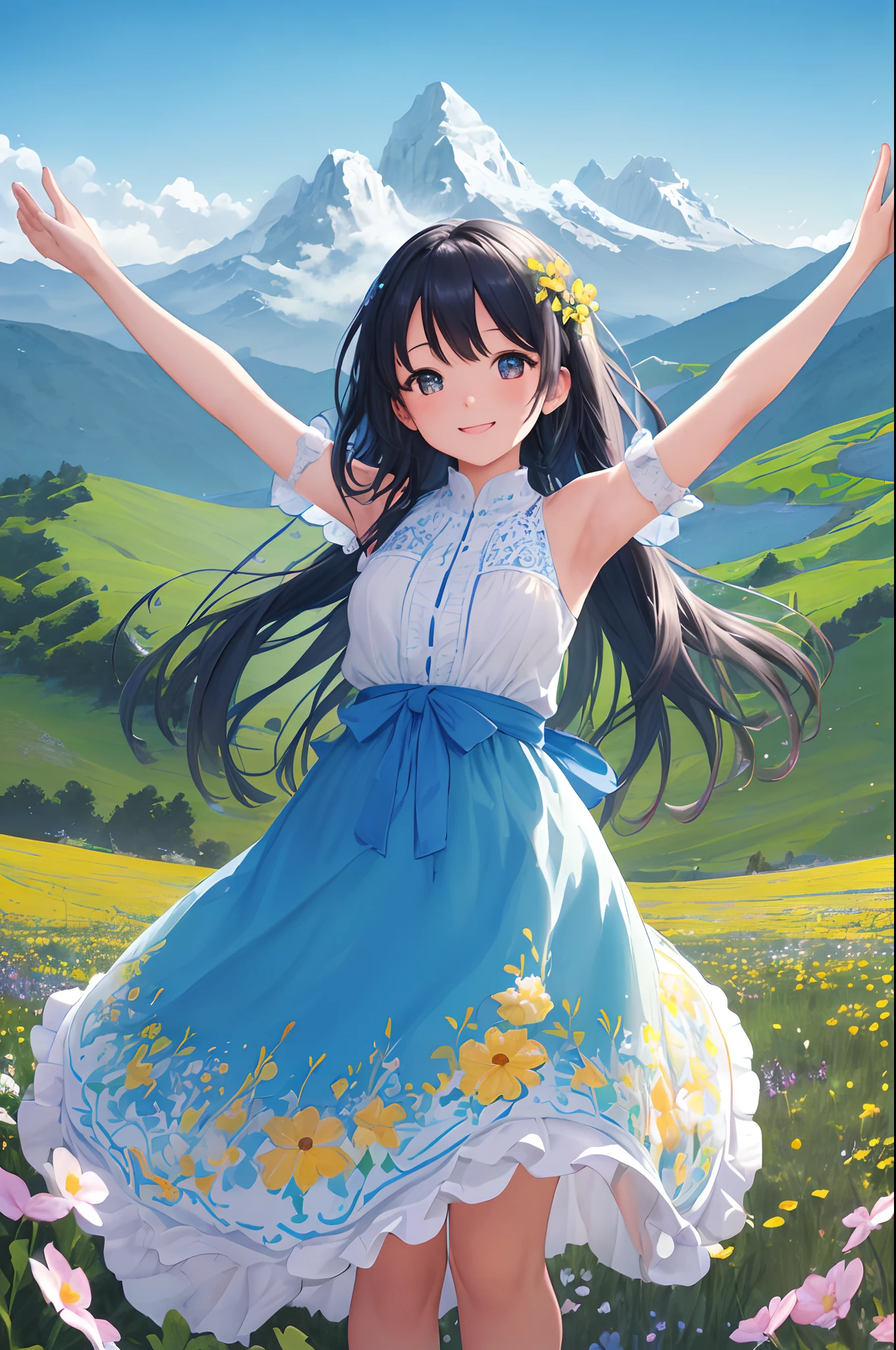 (best quality,highres),wide landscape photo,natural lighting,viewed from below,sky above,open field below,girl standing,flower field,looking up,gorgeous summer day,colorful flowers,vibrant colors,natural beauty,fresh breeze,joyful atmosphere,blissful happiness,green grass,feeling of freedom,wide expanse of nature,overwhelming beauty,serene and peaceful scenery,clear blue sky,endless horizon,sun shining brightly,fluffy clouds,dreamy and surreal ambiance,majestic mountains in the distance,sunlight illuminating every detail,gentle wind blowing the girl's hair,twinkling eyes with curiosity and excitement,smiling lips radiating warmth and happiness,twinkling eyes reflecting the beauty of the surroundings,long flowing dress gracefully swaying,arms open wide in a welcoming gesture,feeling of harmony with nature,blissful connection with the universe,enchanting and awe-inspiring moment,vivid and lively colors,painterly brush strokes,impressionistic style,eclectic mix of colors and textures,exquisite composition,emotional depth,evoking a sense of wonder and admiration,like a masterpiece come to life.