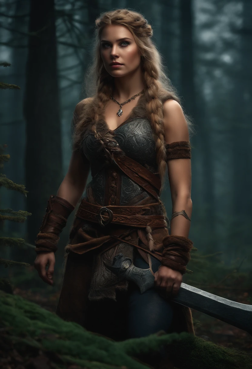 Looks like Drew Barrymore, A stunning intricate full color portrait of (sks woman:1) as (viking warrior), (barbarian), extremely seductive woman, busty outfit, perfect plus size Beauty, Barbarian warrior queen,  fluffy streax hair, styled hair, epic character composition, by ilya kuvshinov, alessio albi, nina masic, sharp focus, natural lighting, subsurface scattering, f2, 35mm, film grain, 