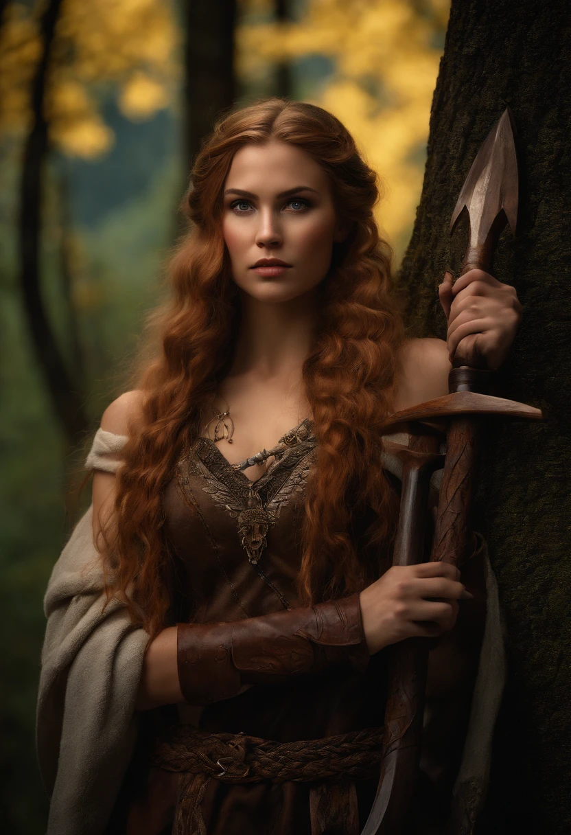 (viking girl in the forest),(20 years old),(detailed axe in hand),(ultra-detailed,high-resolution image,1.2 masterpiece),(realistic:1.37),(dark, moody)(vibrant colors),(mysterious lighting),(scandinavian landscape),(beautiful detailed eyes),(long braided hair),(fur-lined clothing),(confident and fierce expression),(strong and muscular physique),(tattoos on arm),(fallen leaves on the ground),(ancient ruins in the background),(thick fog),(majestic trees),(rustic wooden cabin),(golden sunset),(powerful stance),(heraldic shield),(battle scars),(wildflowers in her hair),(pristine snow-covered mountains),(intense focus),(stormy sky),(exquisite wood carvings),(rugged and weathered textures),(rippling water in a nearby river),(whispers of forgotten legends),(mythical creatures hidden in the shadows),(norse mythology inspiration)