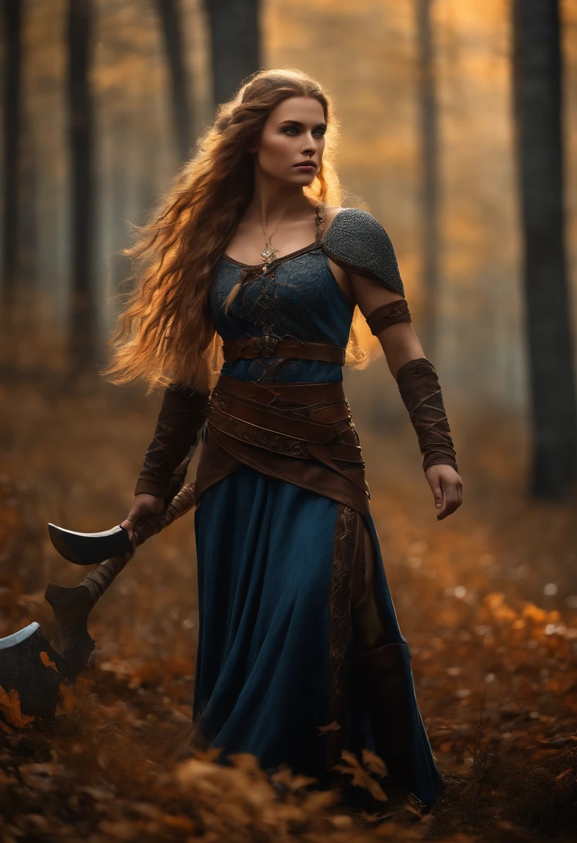 (viking girl in the forest),(20 years old),(detailed axe in hand),(ultra-detailed,high-resolution image,1.2 masterpiece),(realistic:1.37),(dark, moody)(vibrant colors),(mysterious lighting),(scandinavian landscape),(beautiful detailed eyes),(long braided hair),(fur-lined clothing),(confident and fierce expression),(strong and muscular physique),(tattoos on arm),(fallen leaves on the ground),(ancient ruins in the background),(thick fog),(majestic trees),(rustic wooden cabin),(golden sunset),(powerful stance),(heraldic shield),(battle scars),(wildflowers in her hair),(pristine snow-covered mountains),(intense focus),(stormy sky),(exquisite wood carvings),(rugged and weathered textures),(rippling water in a nearby river),(whispers of forgotten legends),(mythical creatures hidden in the shadows),(norse mythology inspiration)