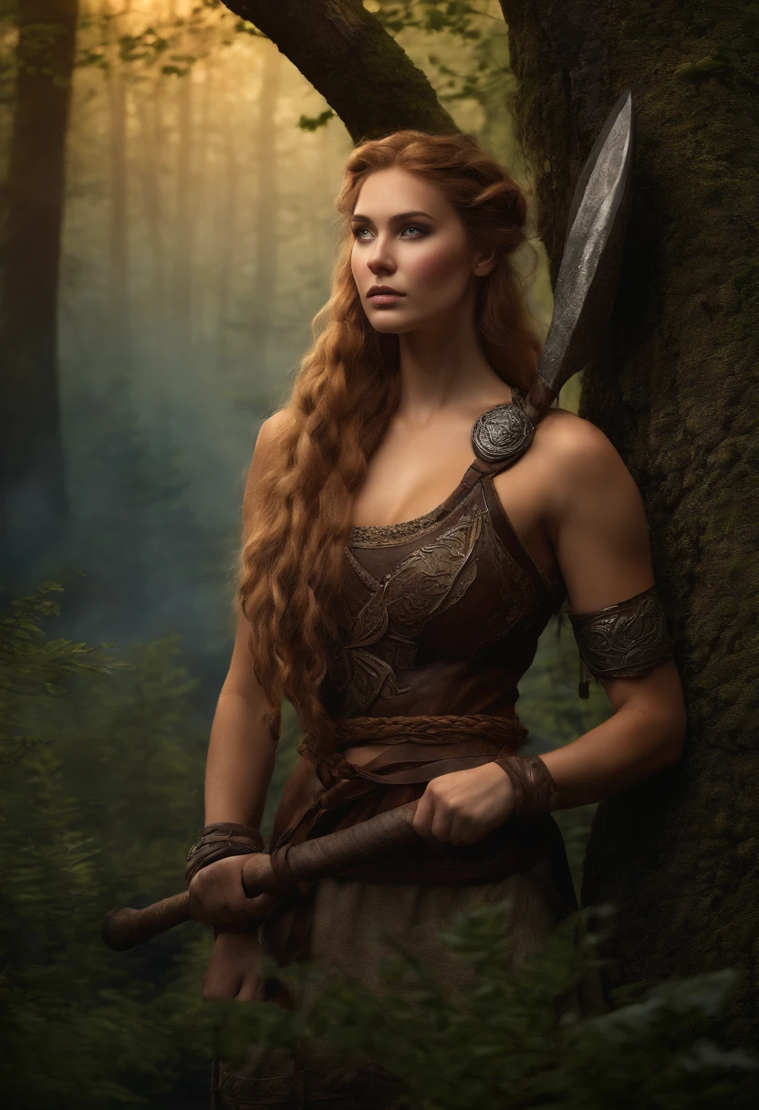 (viking girl in the forest),(20 years old),(detailed axe in hand),(ultra-detailed,high-resolution image,1.2 masterpiece),(realistic:1.37),(dark, moody)(vibrant colors),(mysterious lighting),(scandinavian landscape),(beautiful detailed eyes),(long braided hair),(fur-lined clothing),(confident and fierce expression),(strong and muscular physique),(tattoos on arm),(fallen leaves on the ground),(ancient ruins in the background),(thick fog),(majestic trees),(rustic wooden cabin),(golden sunset),(powerful stance),(heraldic shield),(battle scars),(wildflowers in her hair),(pristine snow-covered mountains),(intense focus),(stormy sky),(exquisite wood carvings),(rugged and weathered textures),(rippling water in a nearby river),(whispers of forgotten legends),(mythical creatures hidden in the shadows),(norse mythology inspiration)