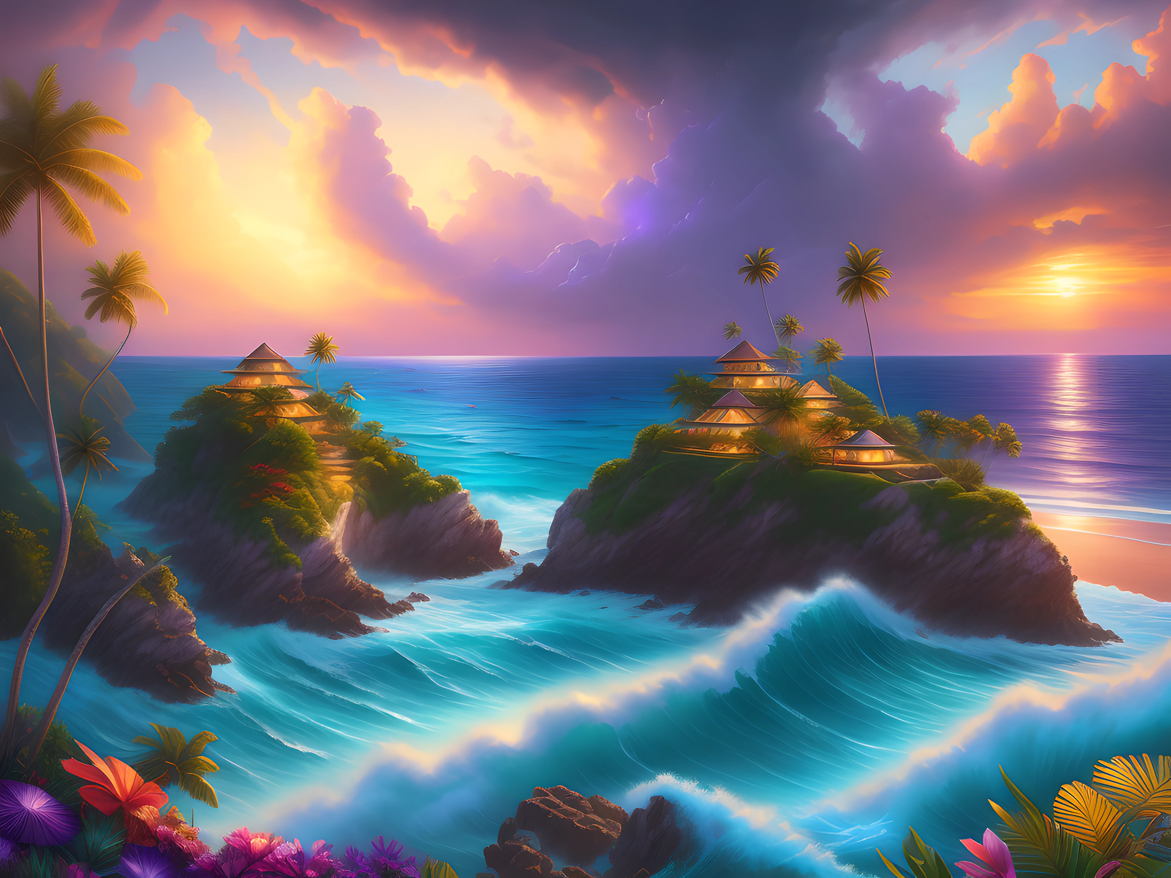 (8k masterpiece, RAW painting:1.2), a tropical island at sunset, architecturally beautiful modern villas perched on the steep cliff face, tall palm trees line the coast along the golden sandy beach, huge tsunami barrel wave rolls into the cove, colourful flowers line the clifftops, (dramatic colourful sky), purple_yellow_ storm_clouds, lightning, digital painting, gorgeous digital painting, beautiful art uhd 4 k, stunning digital painting, tropical atmosphere, 4k highly detailed digital art, dreamlike digital painting, beautiful oil matte painting, rhads and thomas kinkade, dream scenery art, highly detailed digital painting, fantasy sea landscape, very beautiful digital art