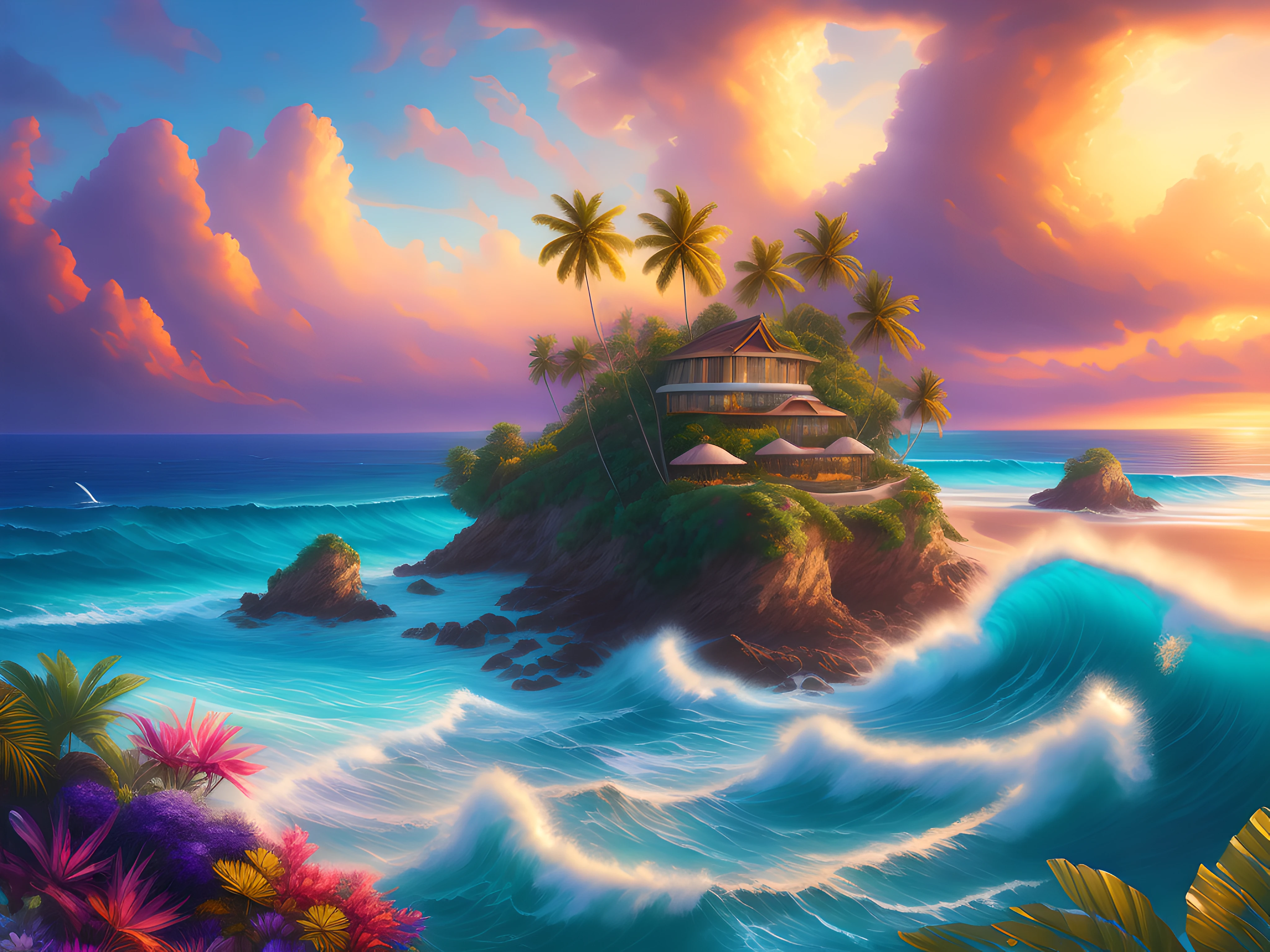 (8k masterpiece, RAW painting:1.2), a tropical island at sunset, architecturally beautiful modern villas perched on the steep cliff face, tall palm trees line the coast along the golden sandy beach, huge tsunami barrel wave rolls into the cove, colourful flowers line the clifftops, (dramatic colourful sky), purple_yellow_ storm_clouds, lightning, digital painting, gorgeous digital painting, beautiful art uhd 4 k, stunning digital painting, tropical atmosphere, 4k highly detailed digital art, dreamlike digital painting, beautiful oil matte painting, rhads and thomas kinkade, dream scenery art, highly detailed digital painting, fantasy sea landscape, very beautiful digital art