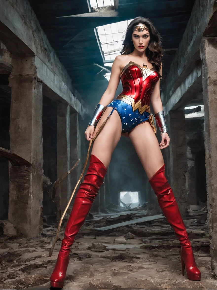 sexy legs wonder woman in ultra high-cut bikini, red patent thigh high boots, oiled, with tentacles coiling around her, swimwear editorial photographed in collapsed building ruins with wide angle fish eye lens