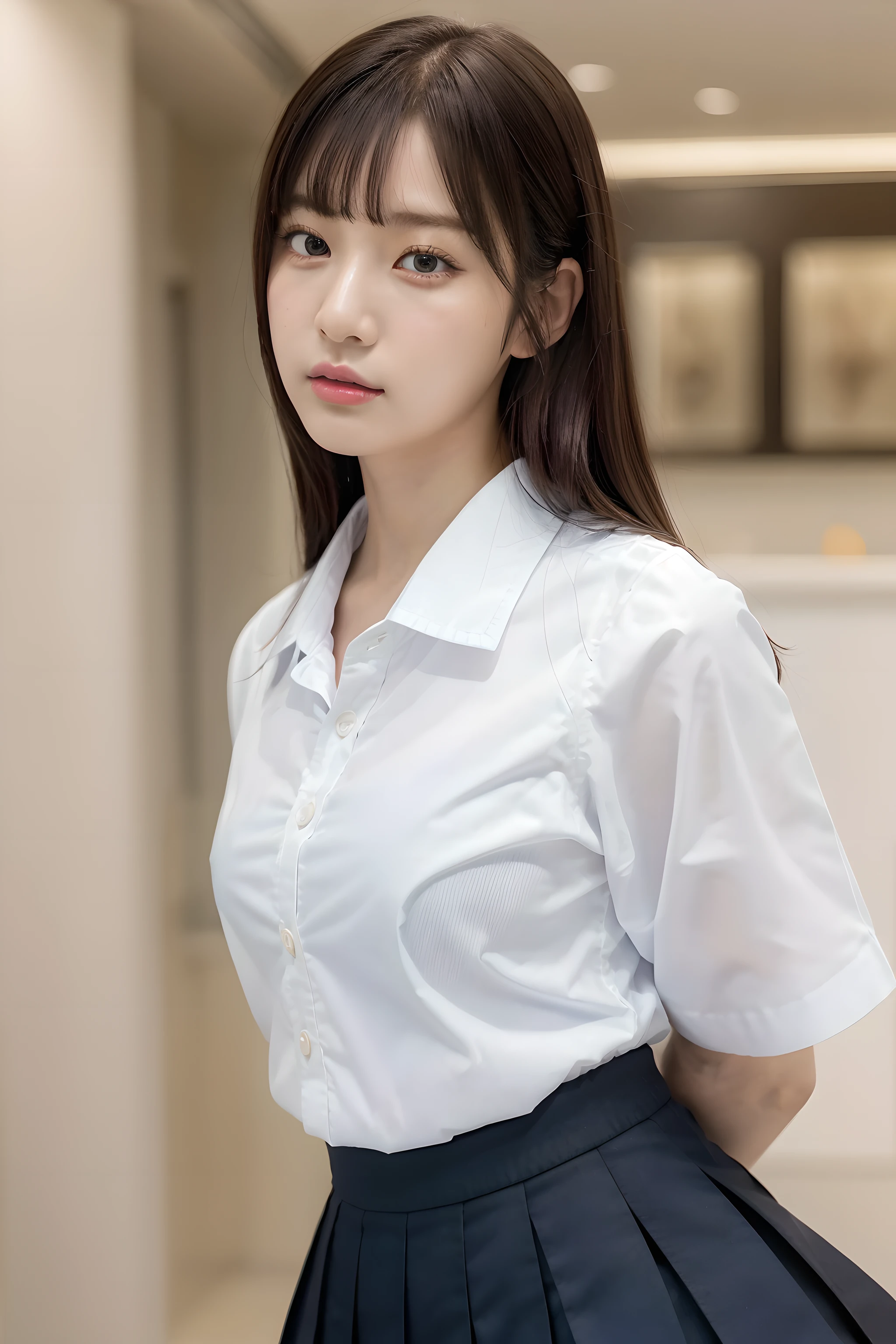 1girl, solo, cowboy shot, low angle, wearing a Japanese school sailor uniform, sailor collar shirt unit, pleats skirt, at esthetic salon, hyper sharp image, ultra detailed, best quality, masterpiece, looking at you,