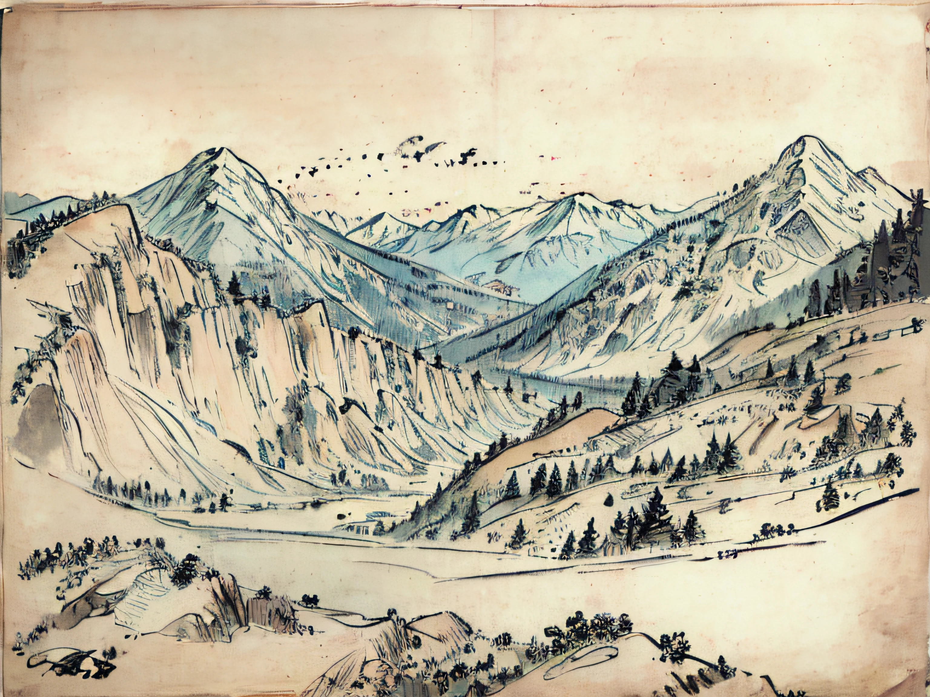 (Masterpiece), detailed, drawing, mountain landscape, forrests