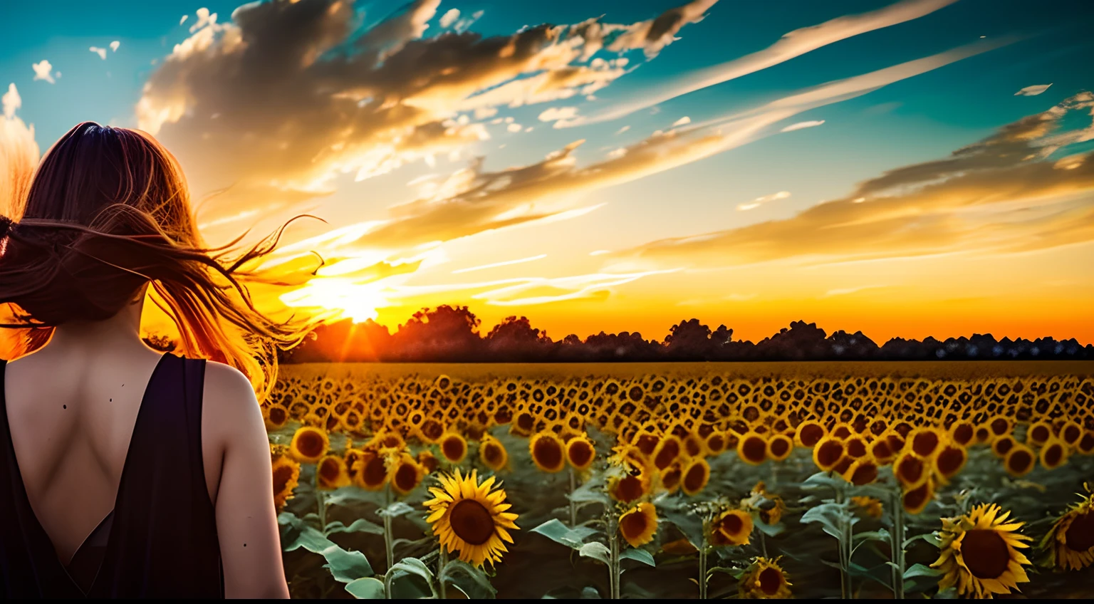 Back view of a young woman, windy messy hair, across a field of sunflowers; 3D; retro cyberpunk; yellow color splash; dynamic color-field; sunrise; cyclorama effect; cinematic lighting