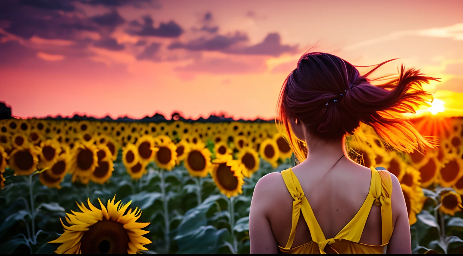 Back view of a young woman, windy messy hair, across a field of sunflowers; 3D; retro cyberpunk; yellow color splash; dynamic color-field; sunset; cyclorama effect; cinematic lighting