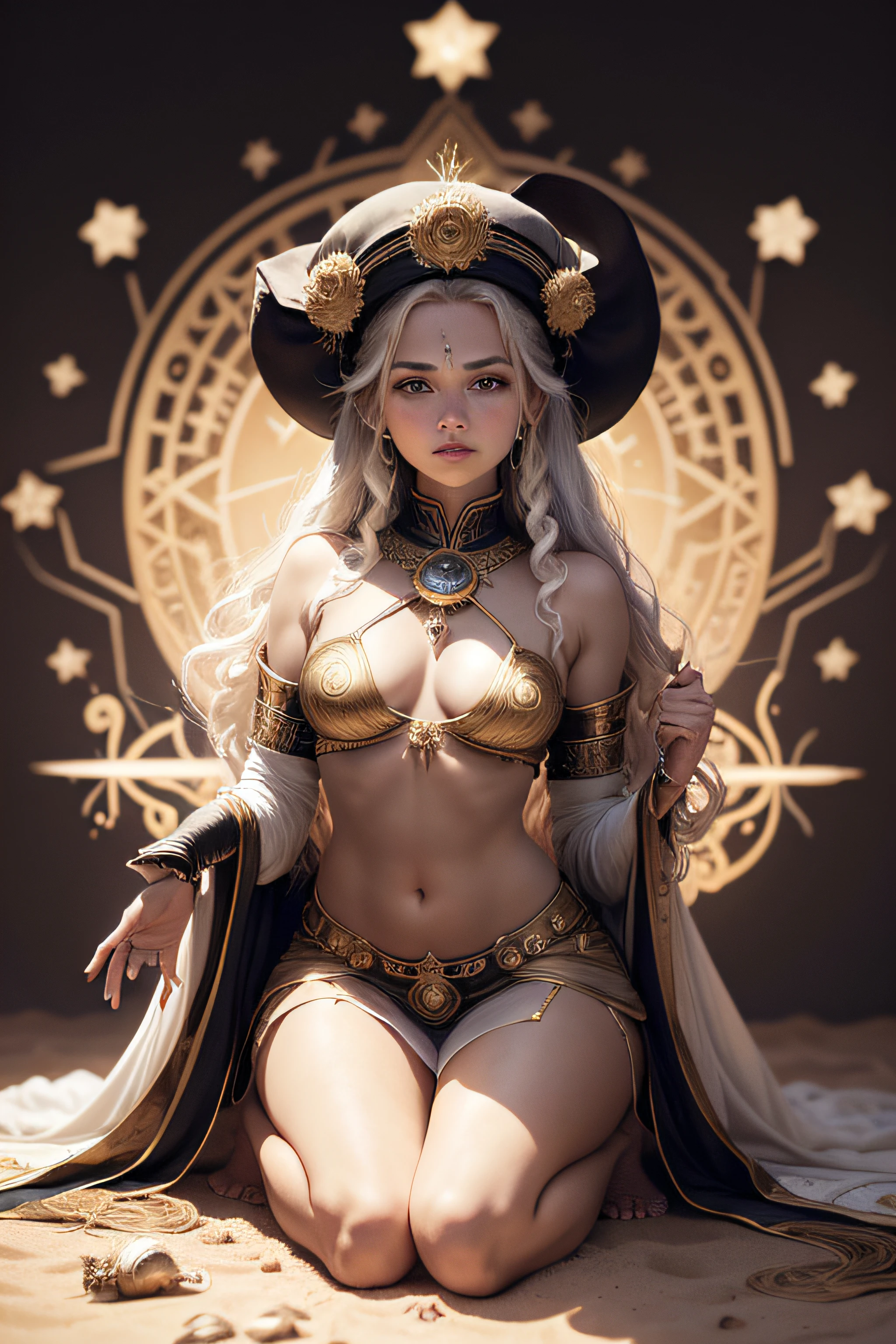 Foto colorida de: An embodiment of Aries, with a magical chart of Aries golden stars, A Feminized Guardian with a Sacred Dharma Ram Chakra, Luz Divina, Estrelas, simetria axial, magnificent background, e Deus raios em uma cena grandiosa. armadura vermelha e dourada, Capa Branca, capacete com chifres, barefoot, fundo do deserto, Determined and protective expression, Canon EOS R5 camera, Ilford Delta 3200 filme, Lente 50mm, alto contraste, Tim Burton •, Guillermo del Toro, Neil Gaiman, Alexandre McQueen, Vivienne Westwood,