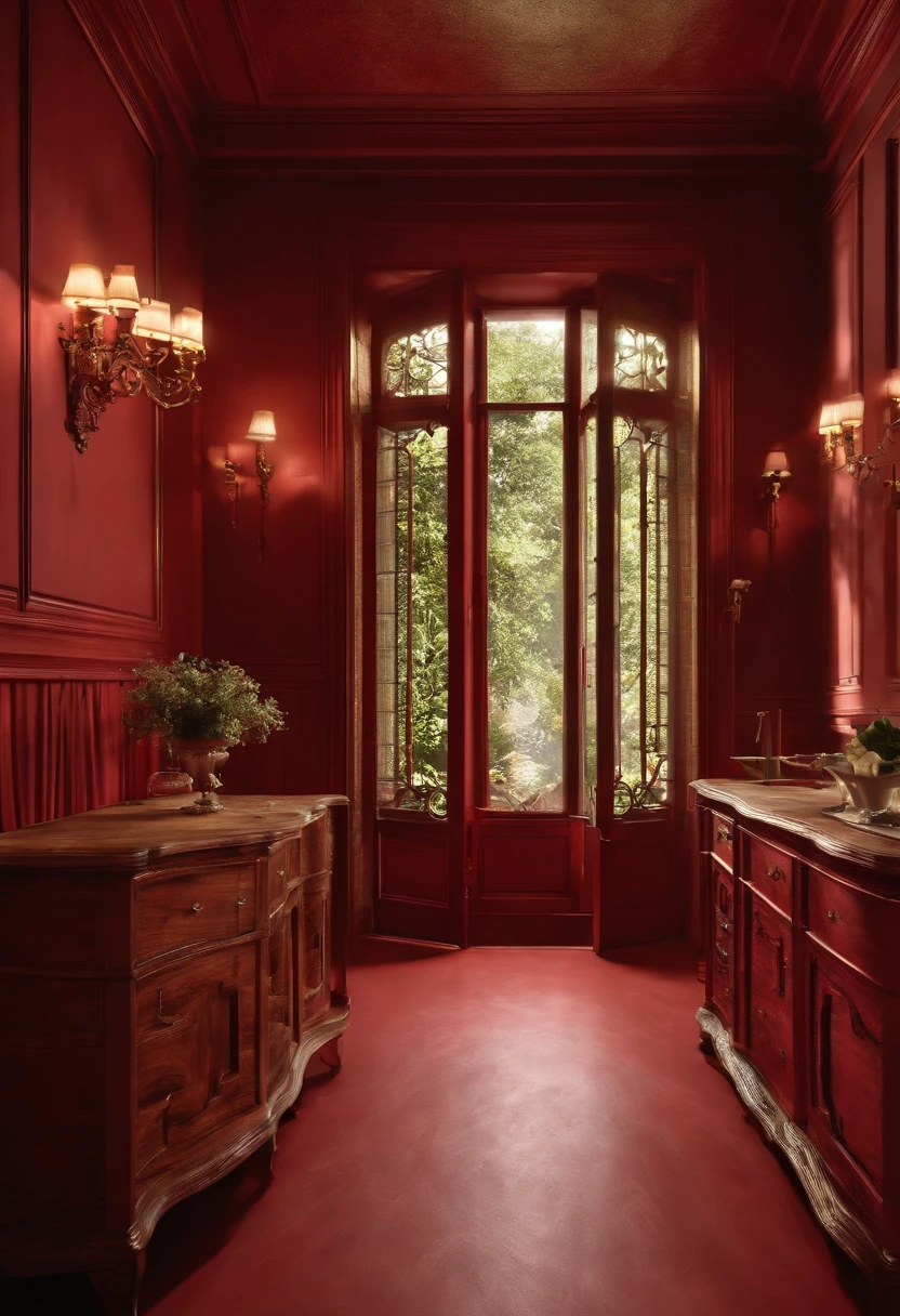 jogo visao top down, casa abandonada, mal iluminado, paredes descascando, rachaduras, Wooden floor with wine red paint, Four bedrooms with bed and dressers, tapete bege, planta mapa, sujo, sozinho