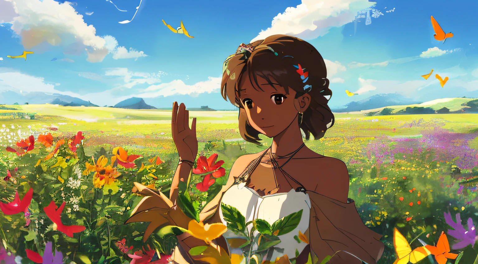 High Detail, Ultra Detail, Ultra High Resolution A young brown skinned African American woman, enjoying her time in the open field, surrounded by the beauty of nature, warm sun sprinkling on her, wildflowers gently swaying in the breeze. Butterflies and birds flutter around her, adding to the playful atmosphere , --v6