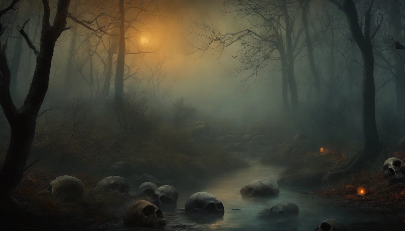 Wall Art Painting Dark Gothic Vintage Style Halloween, With the design of skulls and skulls in a misty forest.