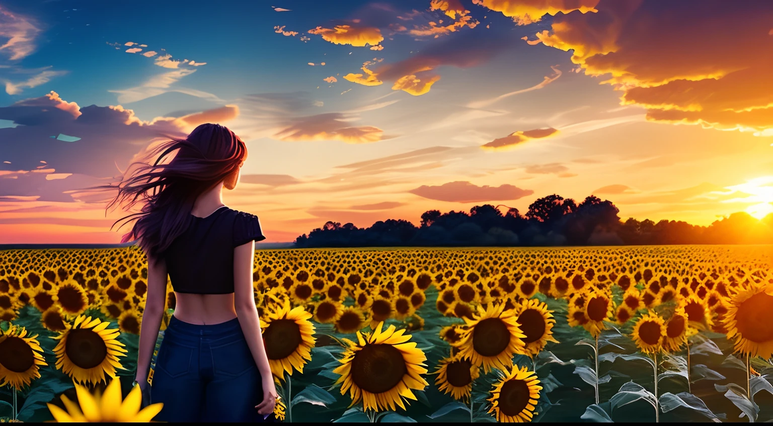 Back view of a young woman, windy messy hair, across a field of sunflowers; 3D; retro cyberpunk; yellow color splash; dynamic color-field; sunrise; cyclorama effect; cinematic lighting
