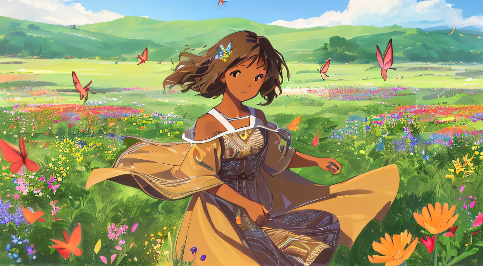 High Detail, Ultra Detail, Ultra High Resolution A young brown skinned African American woman, enjoying her time in the open field, surrounded by the beauty of nature, warm sun sprinkling on her, wildflowers gently swaying in the breeze. Butterflies and birds flutter around her, adding to the playful atmosphere , --v6
