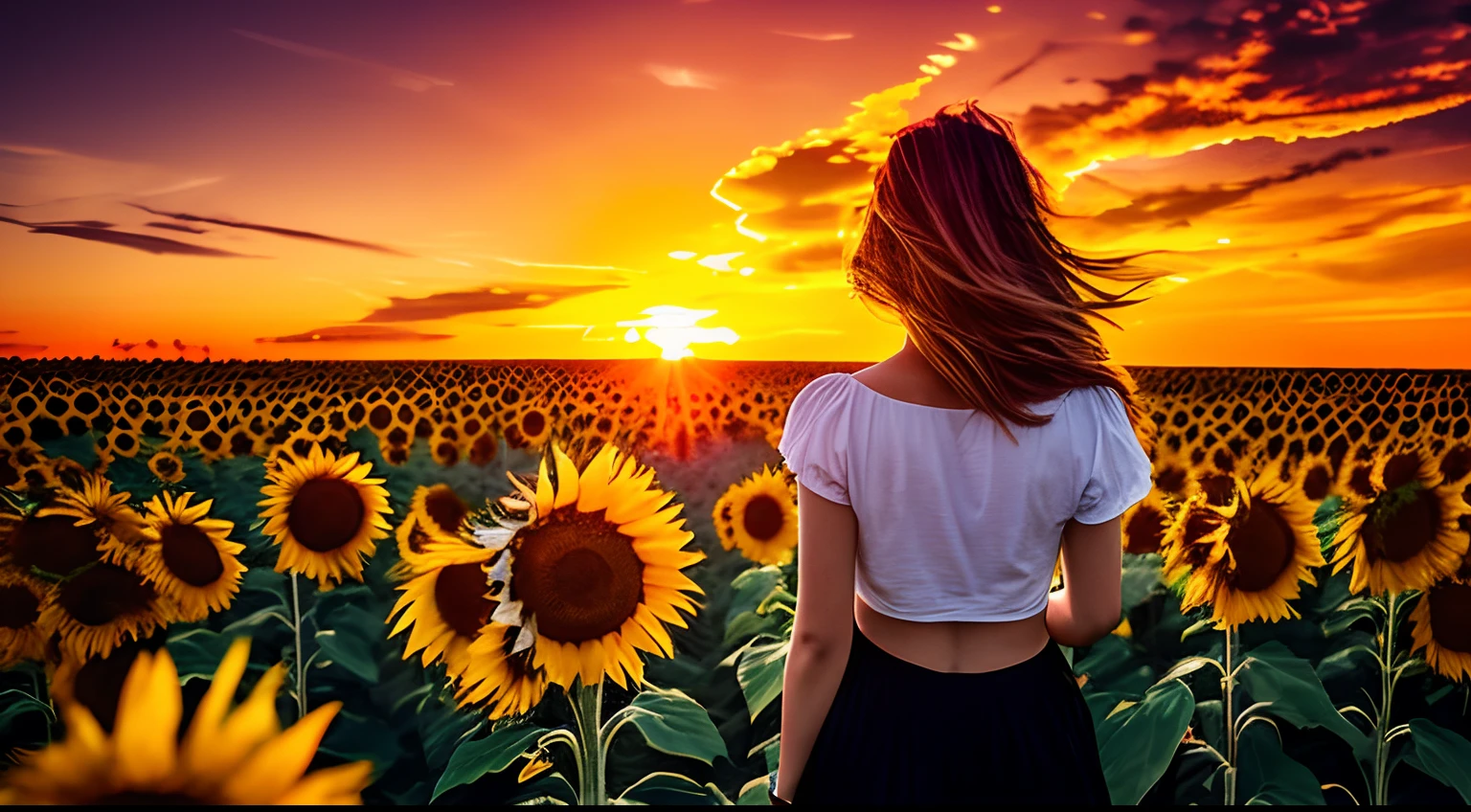 Back view of a young woman, windy messy hair, across a field of sunflowers; 3D; retro cyberpunk; yellow color splash; dynamic color-field; sunset; cyclorama effect; cinematic lighting
