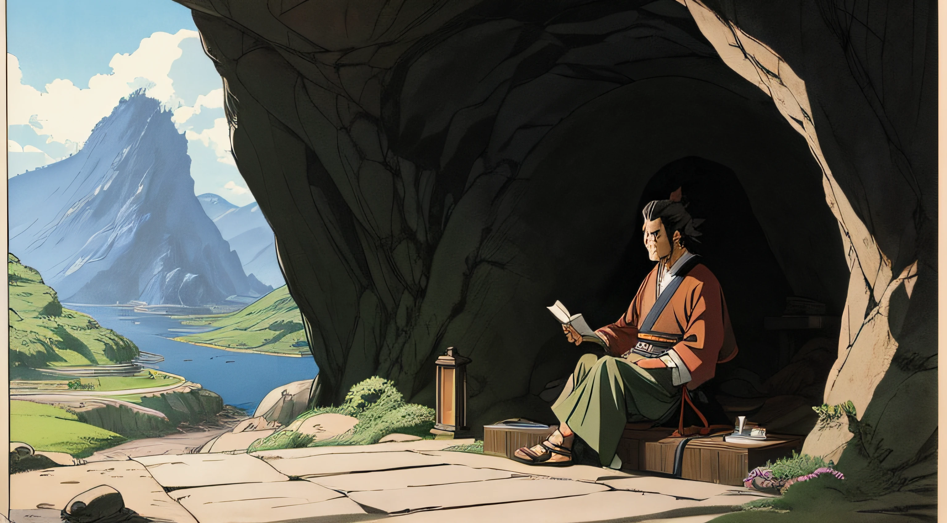 Miyamoto Musashi sitting on a rock inside a cave reading a book, manga style drawing, Studio Ghibli