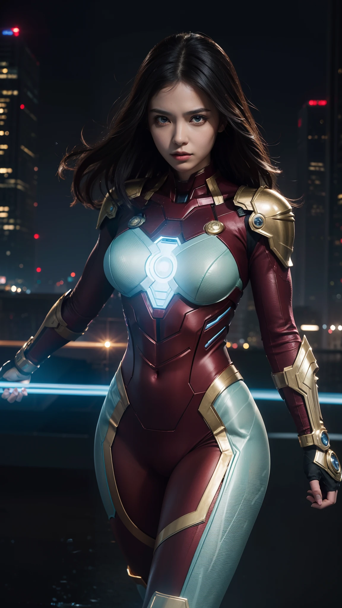  ((best quality、masterpiece、8K、Best image quality、Ultra-high resolution、Award-winning works)18 years old，Beautiful young woman, Smiling at the camera，Red Iron Man Suit,Metal Bikini Armor, Sexy belly exposed, full metal armor, Exposed abdomen and waist, Open the abdomen, The abdomen is completely exposed, Practical, photoPractical, high quality, 8K, Extremely detailed, masterpiece, Dynamic poses, Dramatic Lighting, Movie, Science Fiction, Futuristic, Vibrant colors