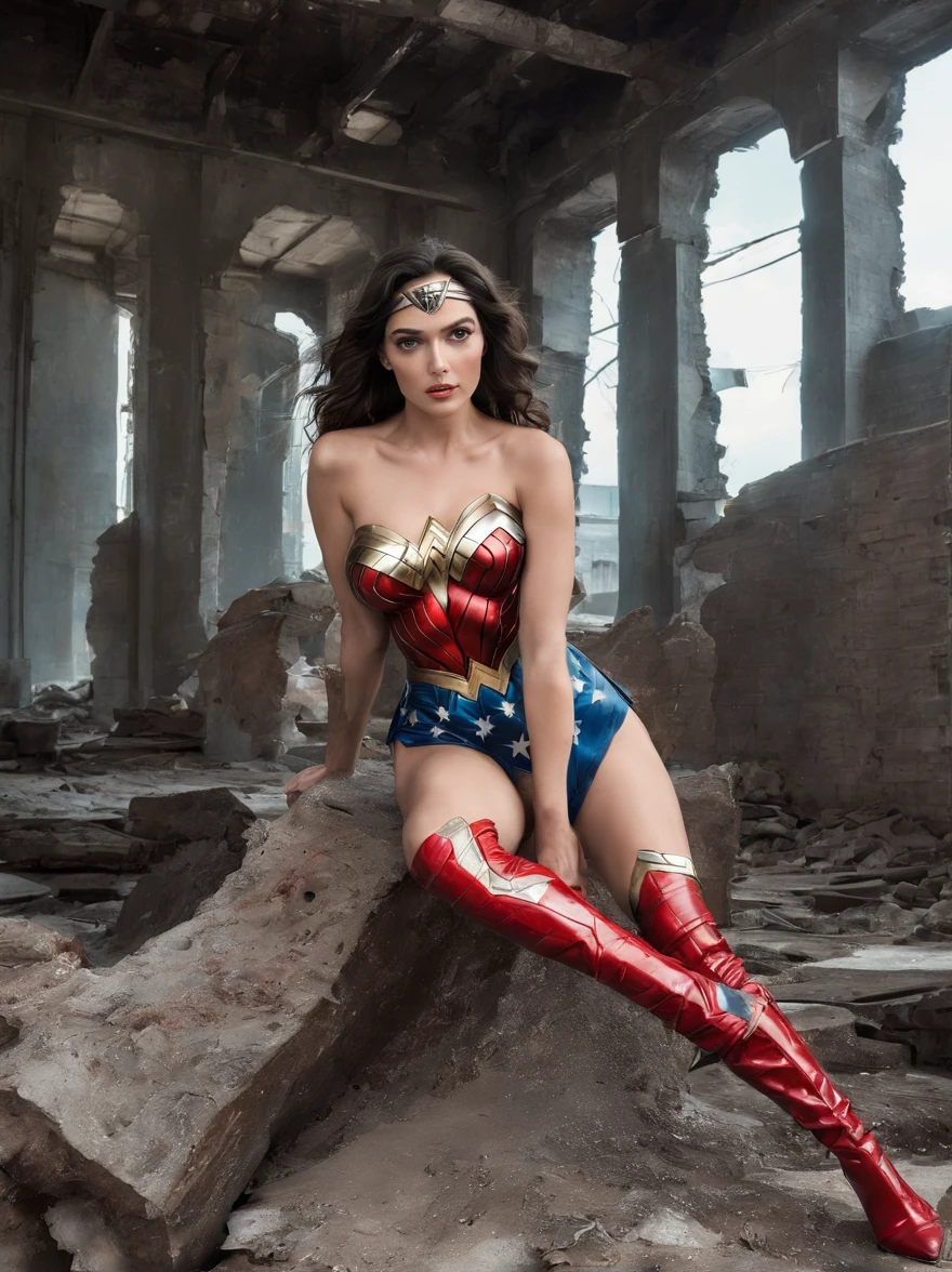 sexy legs wonder woman in ultra high-cut bikini, red patent thigh high boots, oiled legs and butt, high cut, skin tight sheer swimwear editorial photographed in collapsed building ruins with wide angle fish eye lens