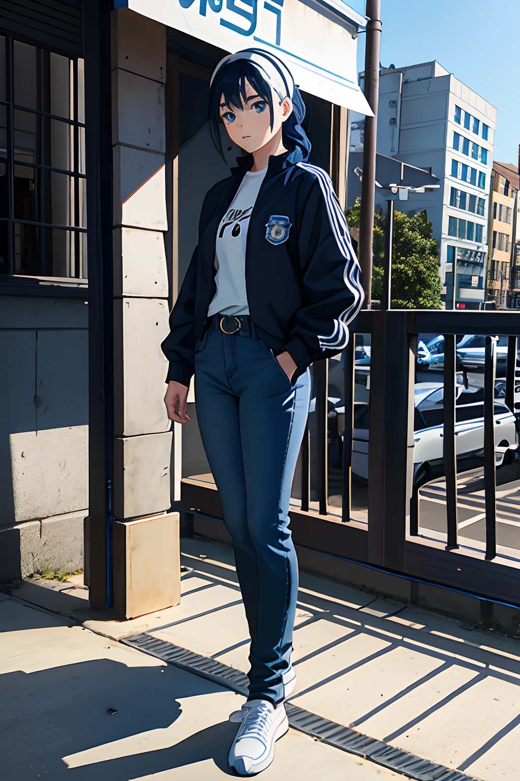 solo, 1girl, anime girl, (masterpiece), (( appearance)), Dark blue hair, blue eyes, braids in hair, Black jacket, white shirt, Jeans pants, background city