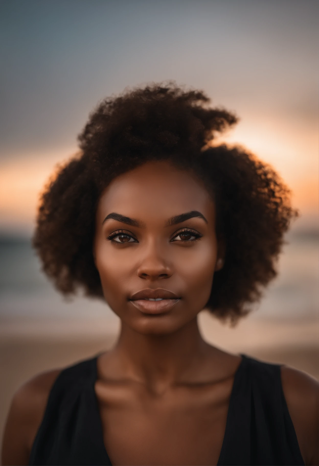Femme africaine noire, fille mince, belle au naturel, mixed-race with slanted eyes, fille sexy aux yeux bruns, cheveux noirs, nez fin, bouche pulpeuse, selfie of a young woman,sans maquillage, maquillage naturel, Maquillage subtil, Superbe corps complet sur la plage, side pose