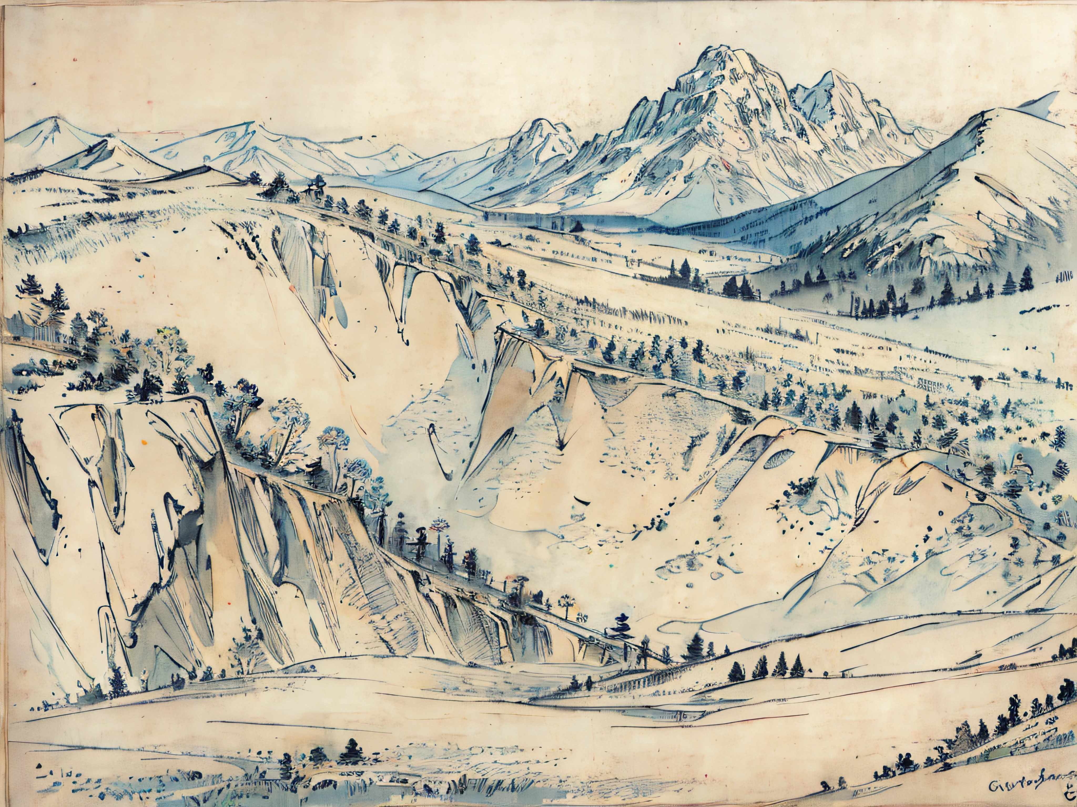 (Masterpiece), detailed, drawing, mountain landscape, forrests
