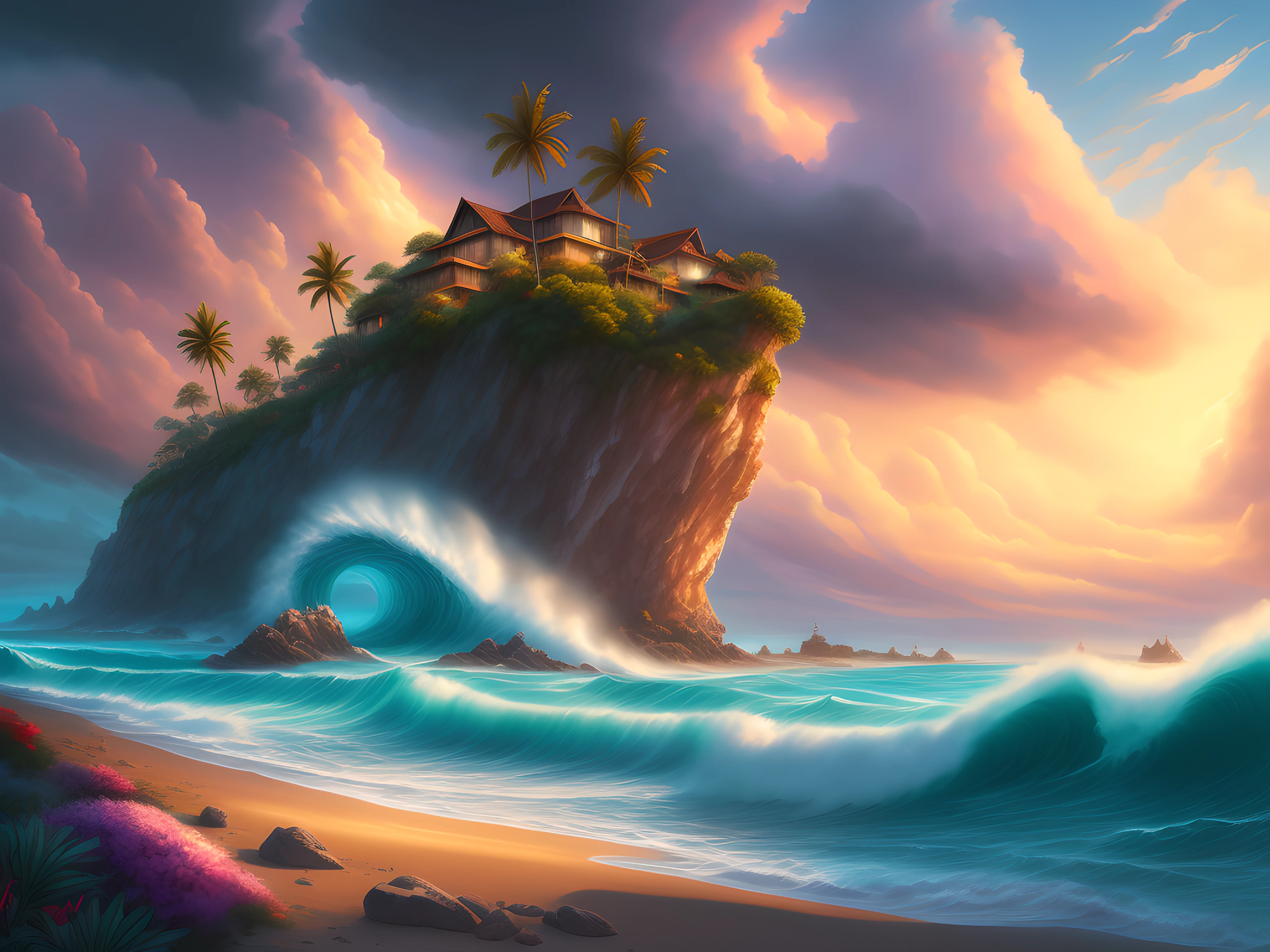 (8k masterpiece, RAW painting:1.2), a tropical island at sunset, architecturally beautiful modern villas perched on the steep cliff face, tall palm trees line the coastal path along the golden sandy beach, huge tsunami barrel wave rolls into the cove, colourful flowers line the clifftops, (dramatic colourful sky), purple_yellow_ storm_clouds, lightning, digital painting, gorgeous digital painting, beautiful art uhd 4 k, stunning digital painting, tropical atmosphere, 4k highly detailed digital art, dreamlike digital painting, beautiful oil matte painting, rhads and thomas kinkade, dream scenery art, highly detailed digital painting, fantasy sea landscape, very beautiful digital art