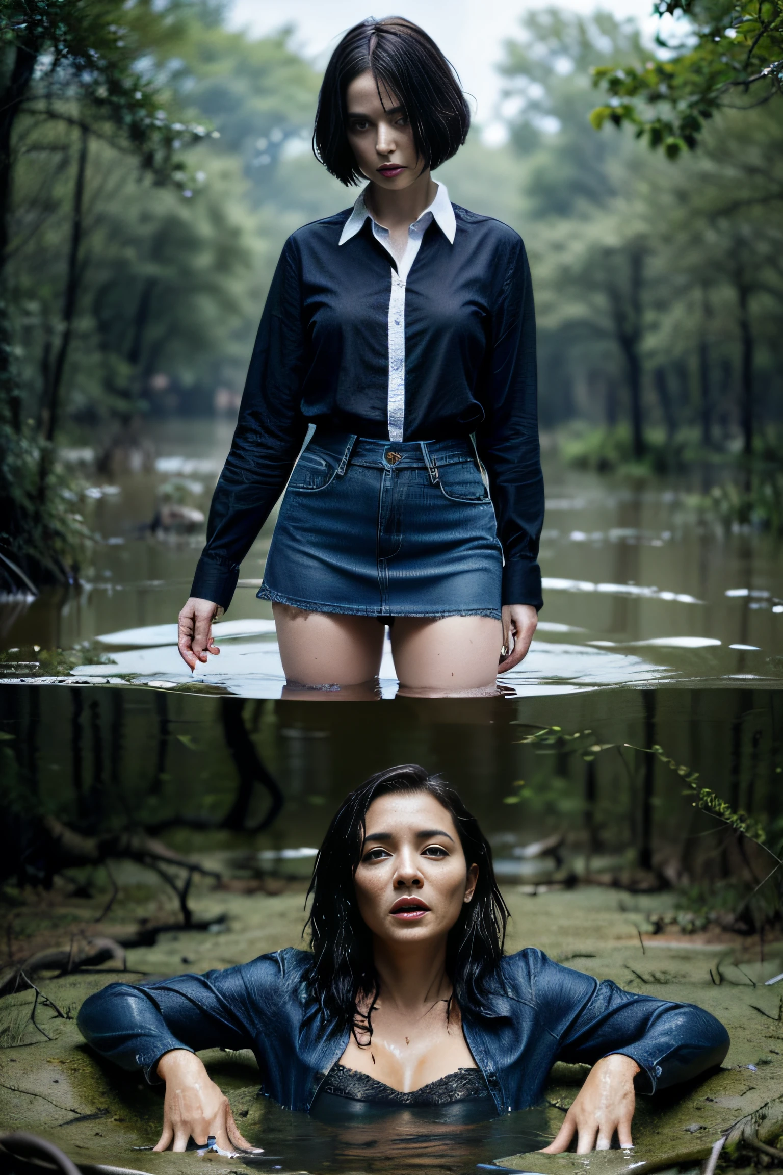 Best Quality, Masterpiece, Ultra-high resolution, Photorealistic, The tragic death of a European woman (in a denim skirt, blouse, and lace stockings with garters:1.2). Bob haircut, elongated face,,,,,(Pronounced wrinkles:1.3). (She's drowning in a black swamp:1.5), (standingn:1.4), She revels in her tragic fate. shame, It's dark all around, (Psychological thriller:1.5)