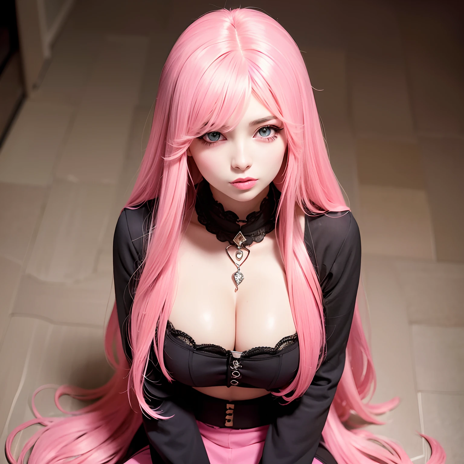 Big chest , pink long hair , The woman's tongue is out and her eyes are looking up , Black eyeliner makeup has flowed down her cheeks and she sits kneeling