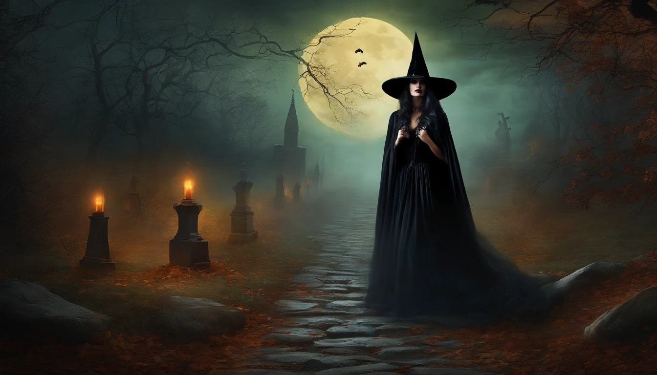 Wall Art Painting Dark Gothic Vintage Style Halloween, With the design of a black witch strolling along a stone path next to tombs under the moonlight with mist.